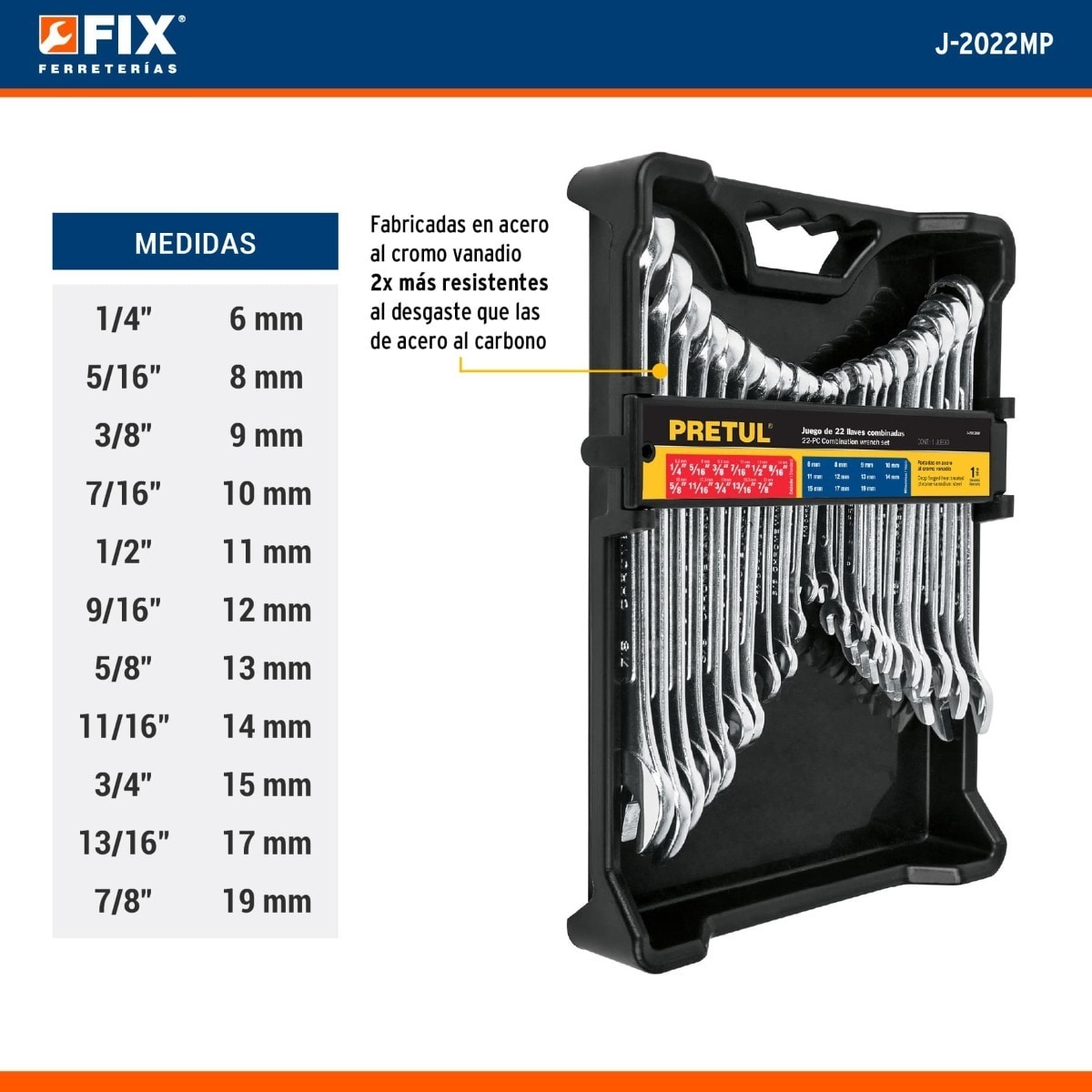 Juego De Llaves Mixtas 22 Piezas Mm Y Std Pretul J 2022mp Coppel