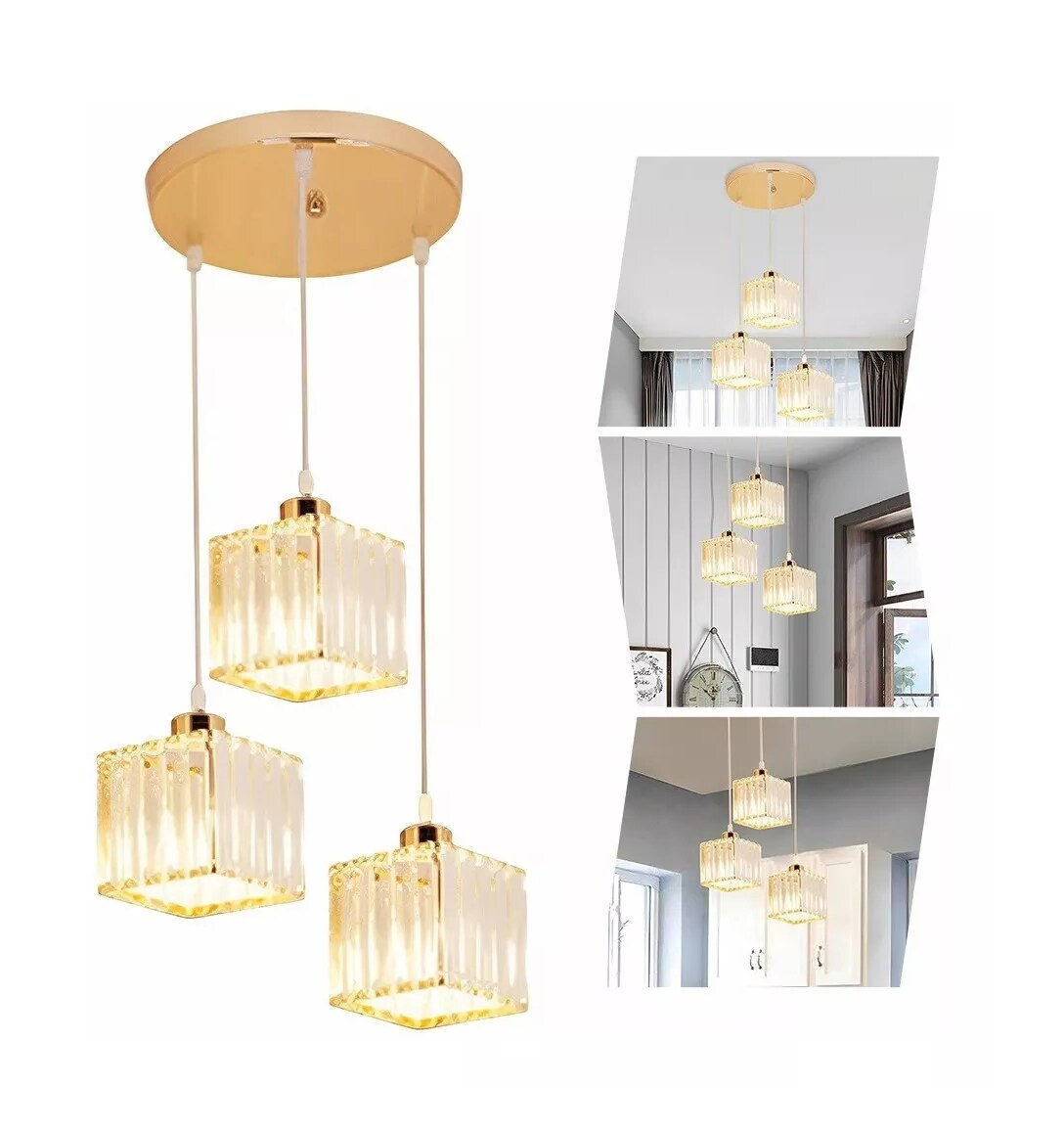 Lámpara Colgante De Techo Cristal Moderna Decorativa 3 Cabezas Dorado