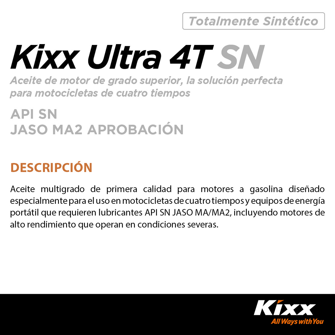 Foto 3 pulgar | Aceite Para Motocicleta Sintético Kixx Ultra 4t Sn/ma2 20w-50, 1l