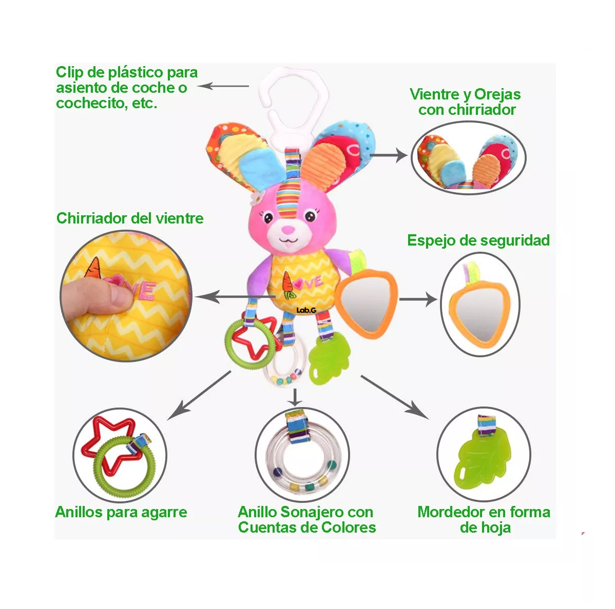 Foto 4 pulgar | Peluche Sonaja Y Mordedera De Bebé Lab.g Para Carriola, Cuna Colores