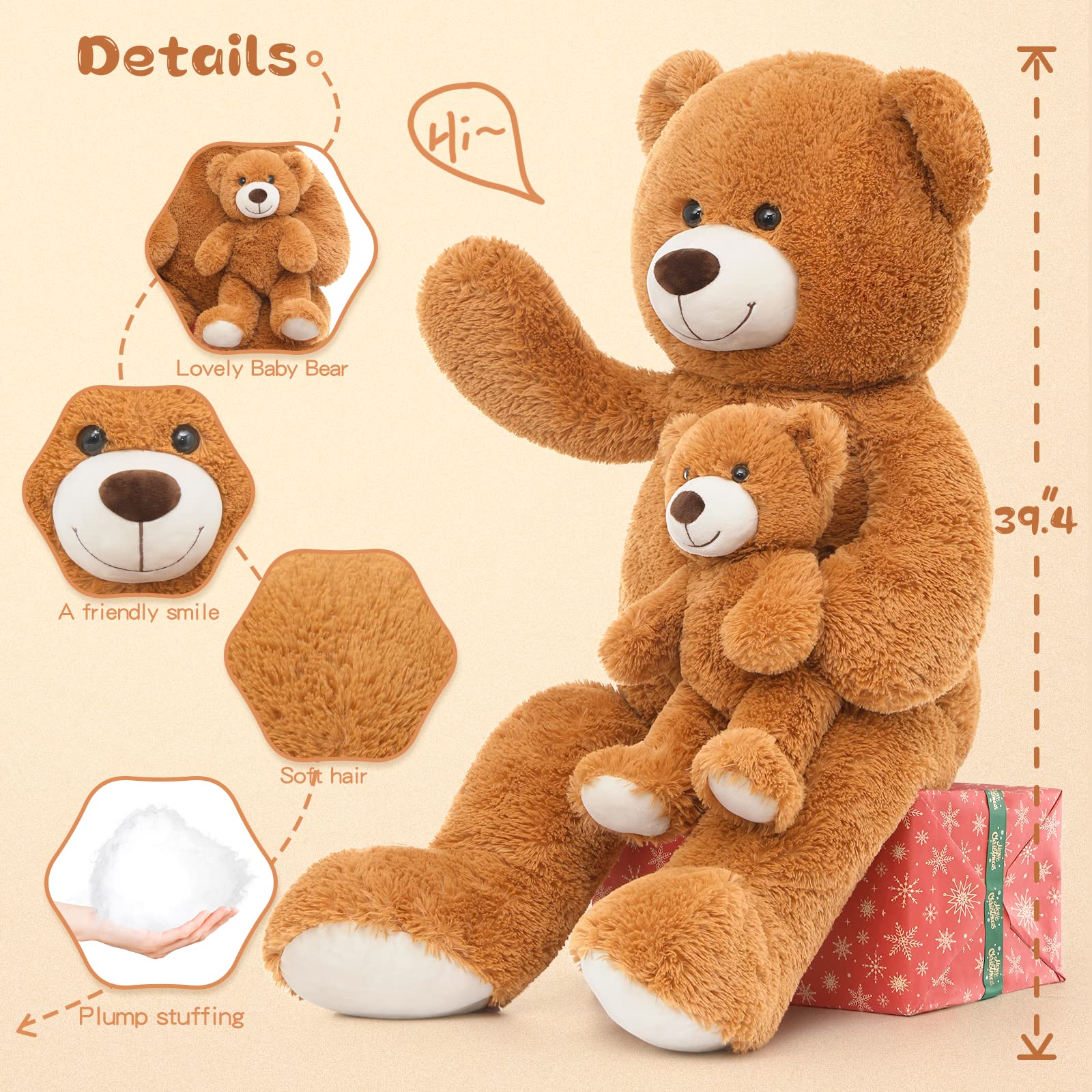 Foto 3 pulgar | Oso De Peluche Gigante Tezituor De 100 Cm Con Color Marrón Bebé - Venta Internacional.