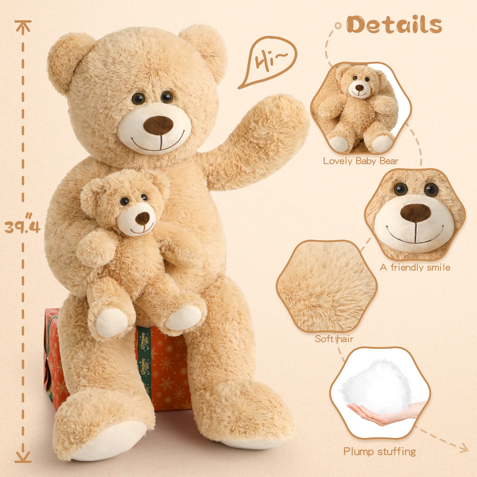 Foto 5 pulgar | Oso De Peluche Gigante Tezituor De 100 Cm Con Bebé De Color Marrón Claro - Venta Internacional.