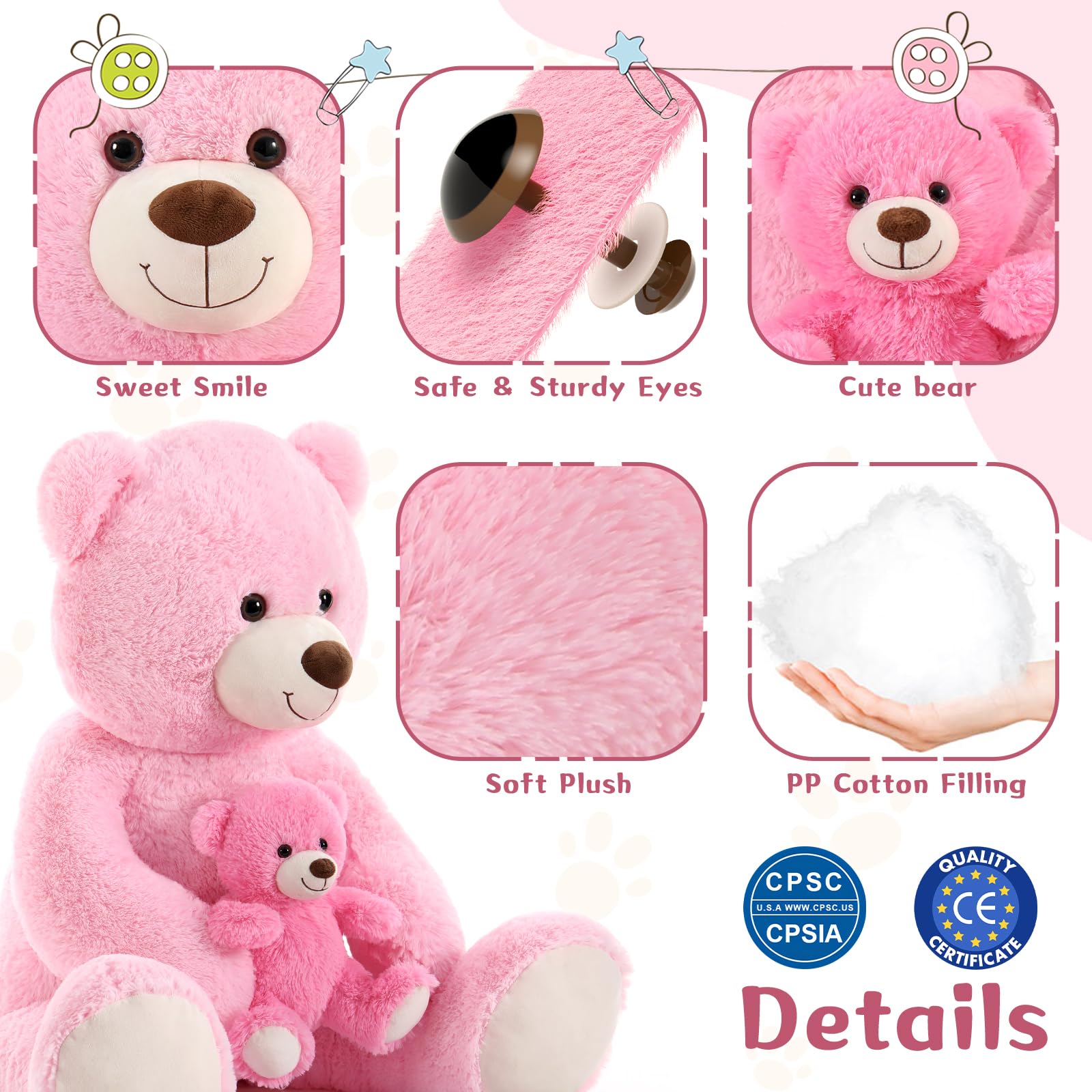 Foto 7 pulgar | Oso De Peluche Gigante Morismos De 110 Cm Con Rosa Bebé - Venta Internacional.