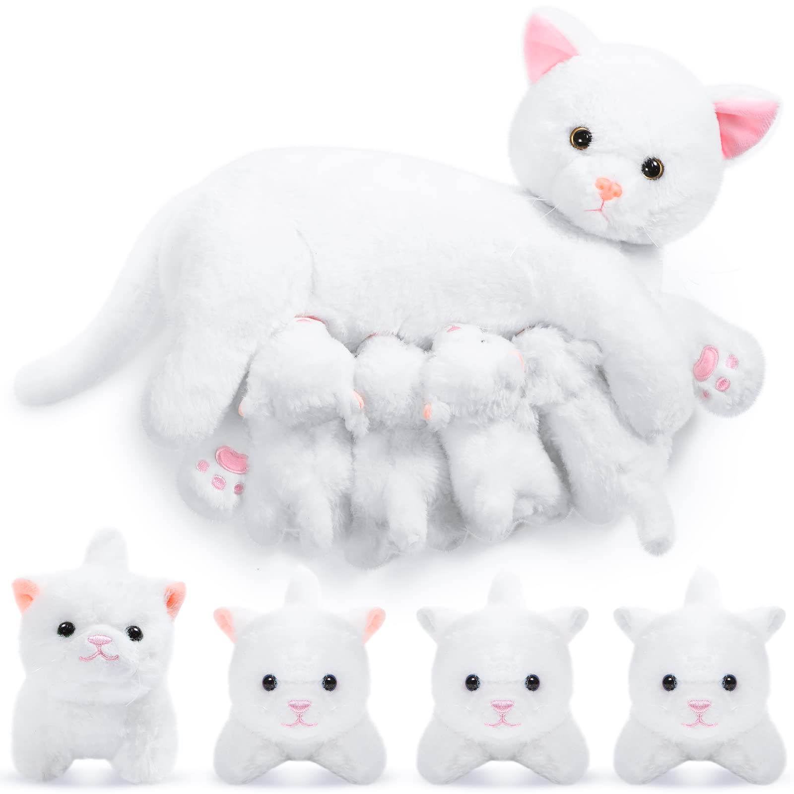 Peluche Skylety, Gato Cariñoso Con 4 Gatitos De Peluche De 40 Cm - Venta Internacional.