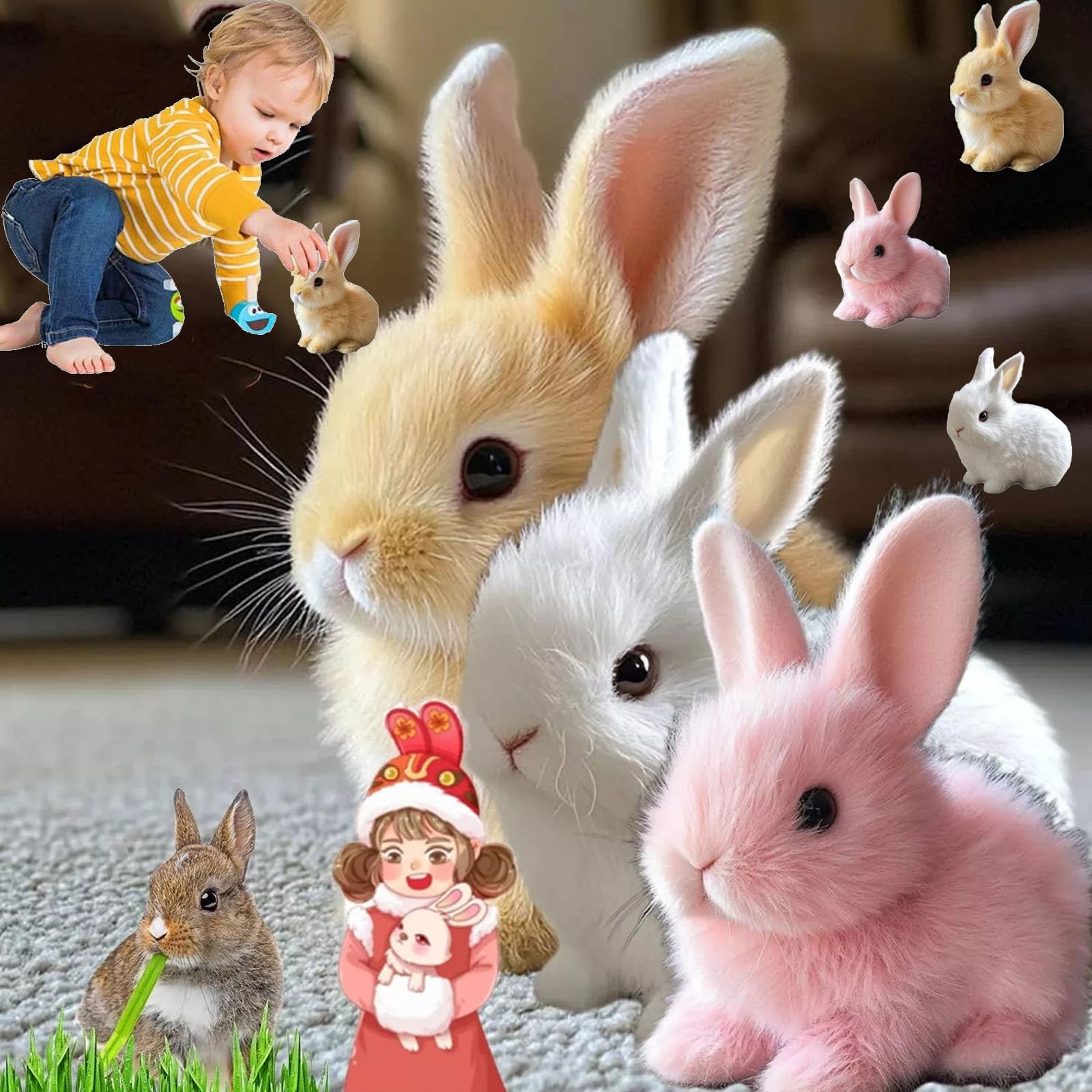 Conejito Realista De Toy Bunny Bunby Que Se Mueve Para Niños, Color Rosa Y Blanco - Venta Internacional.
