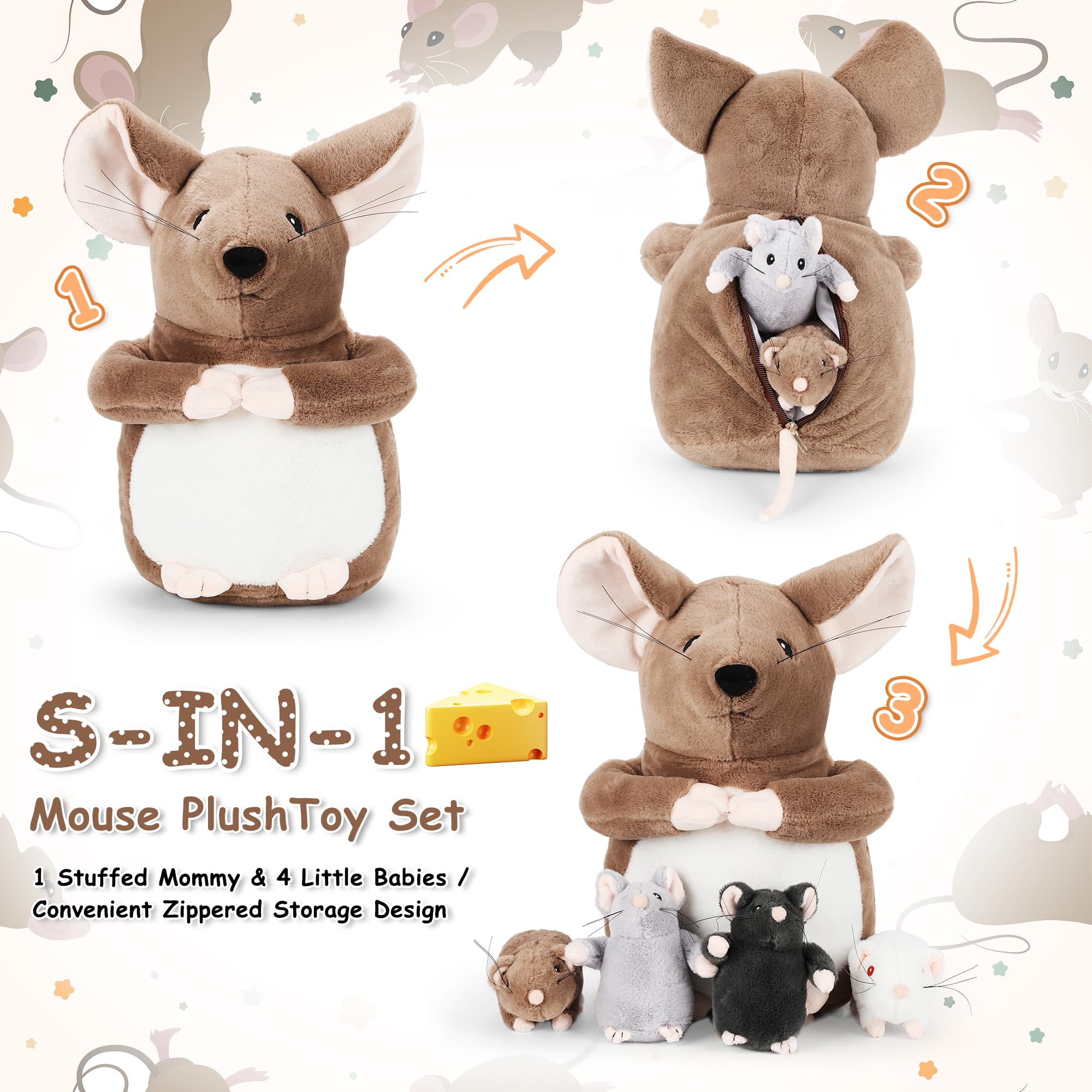 Foto 4 pulgar | Juego De Juguetes De Peluche Genérico Para Momia Rata Grande De 14 Pulgadas Con 4 Ratones Bebés - Venta Internacional.