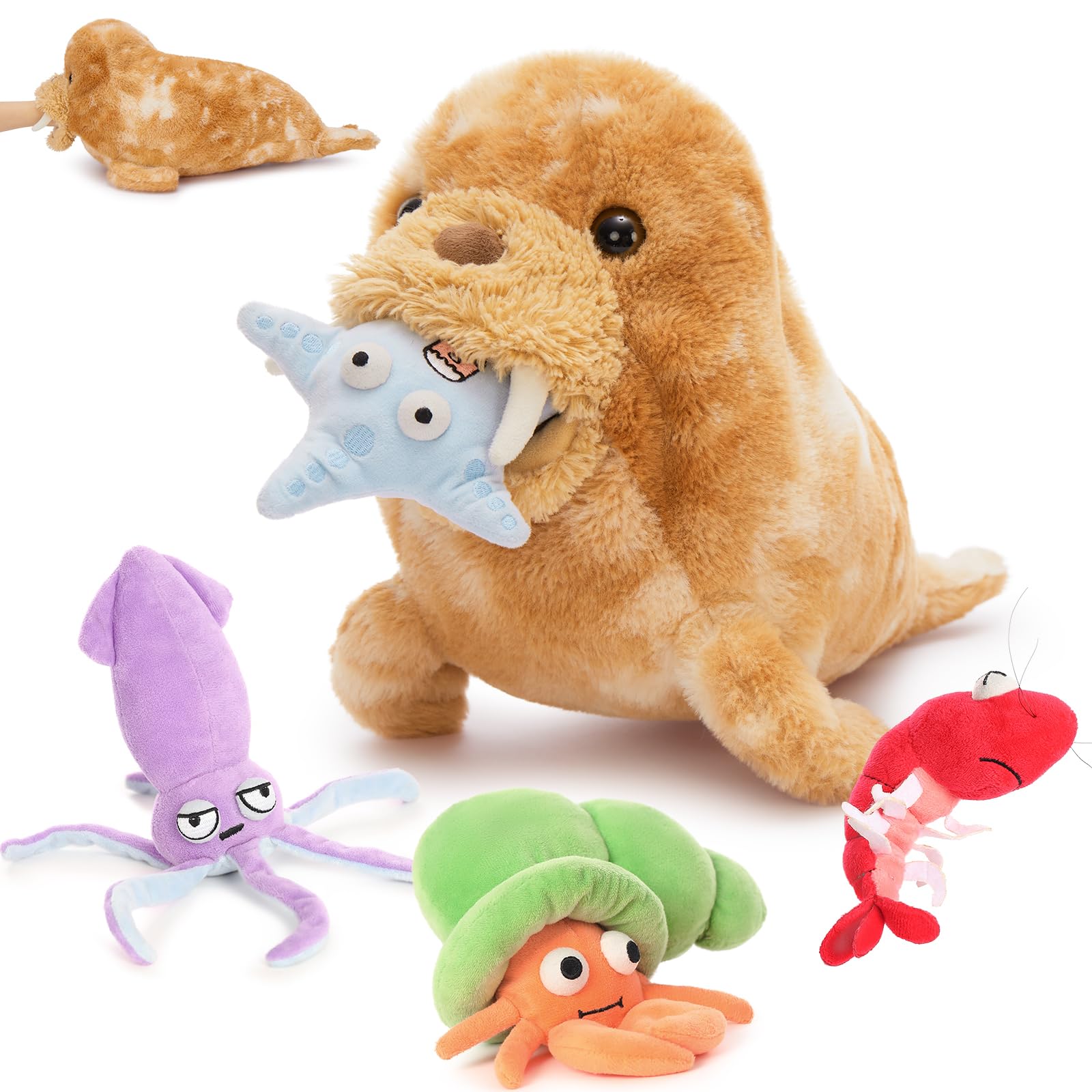 Set De Peluches Morismos Walrus Con Cangrejo, Langosta Y Calamar, 45 Cm - Venta Internacional.