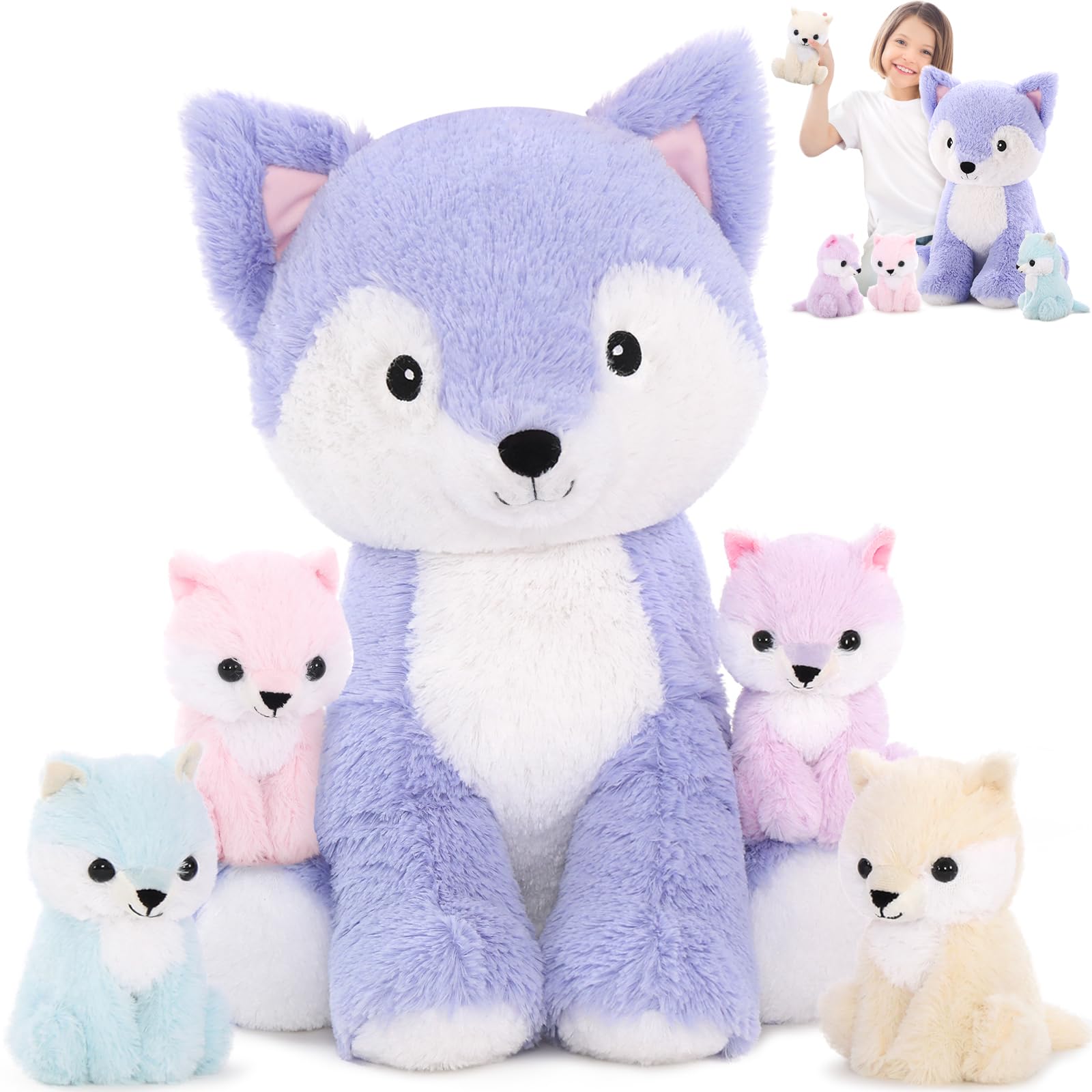 Peluche De Peluche Mao-golan, Zorro Grande Con 4 Bebés, 48 Cm - Venta Internacional.