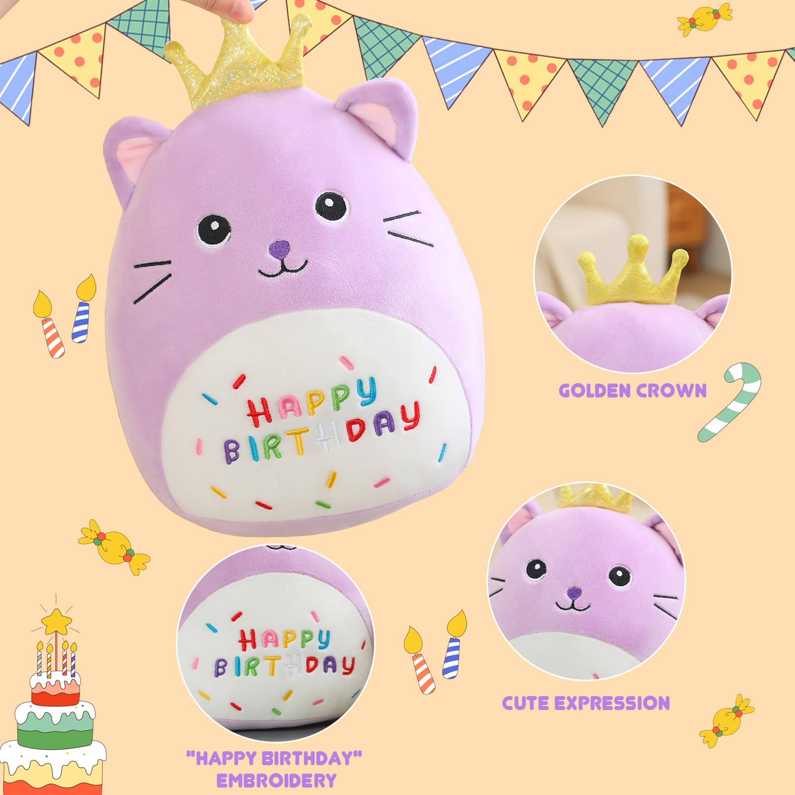 Foto 3 pulgar | Peluche Con Forma De Gato Sqeqe Con Corona Dorada, 35 Cm, Color Morado - Venta Internacional.