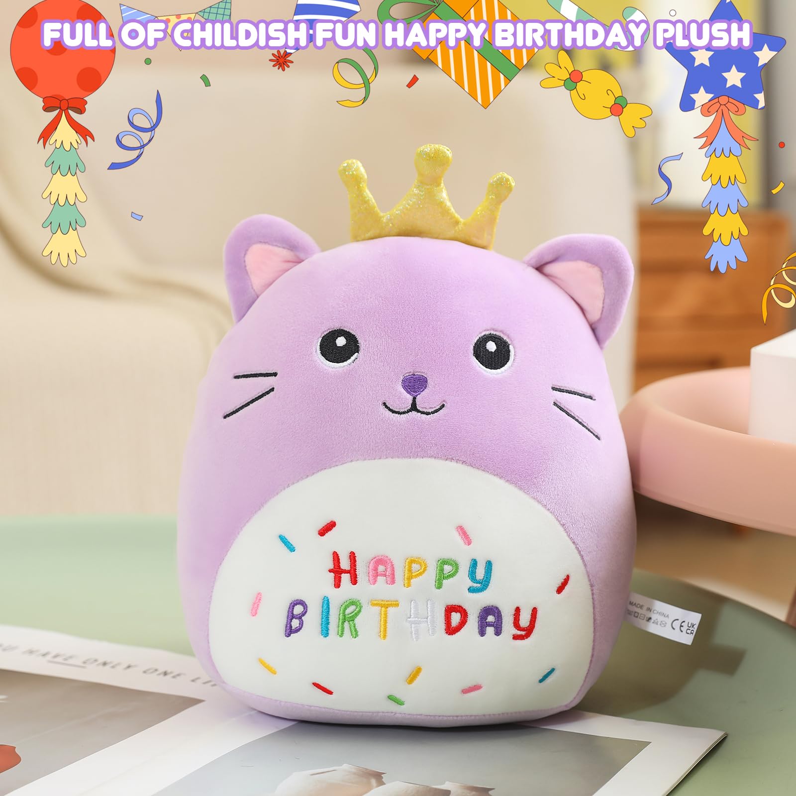 Foto 6 pulgar | Peluche Con Forma De Gato Sqeqe Con Corona Dorada, 35 Cm, Color Morado - Venta Internacional.