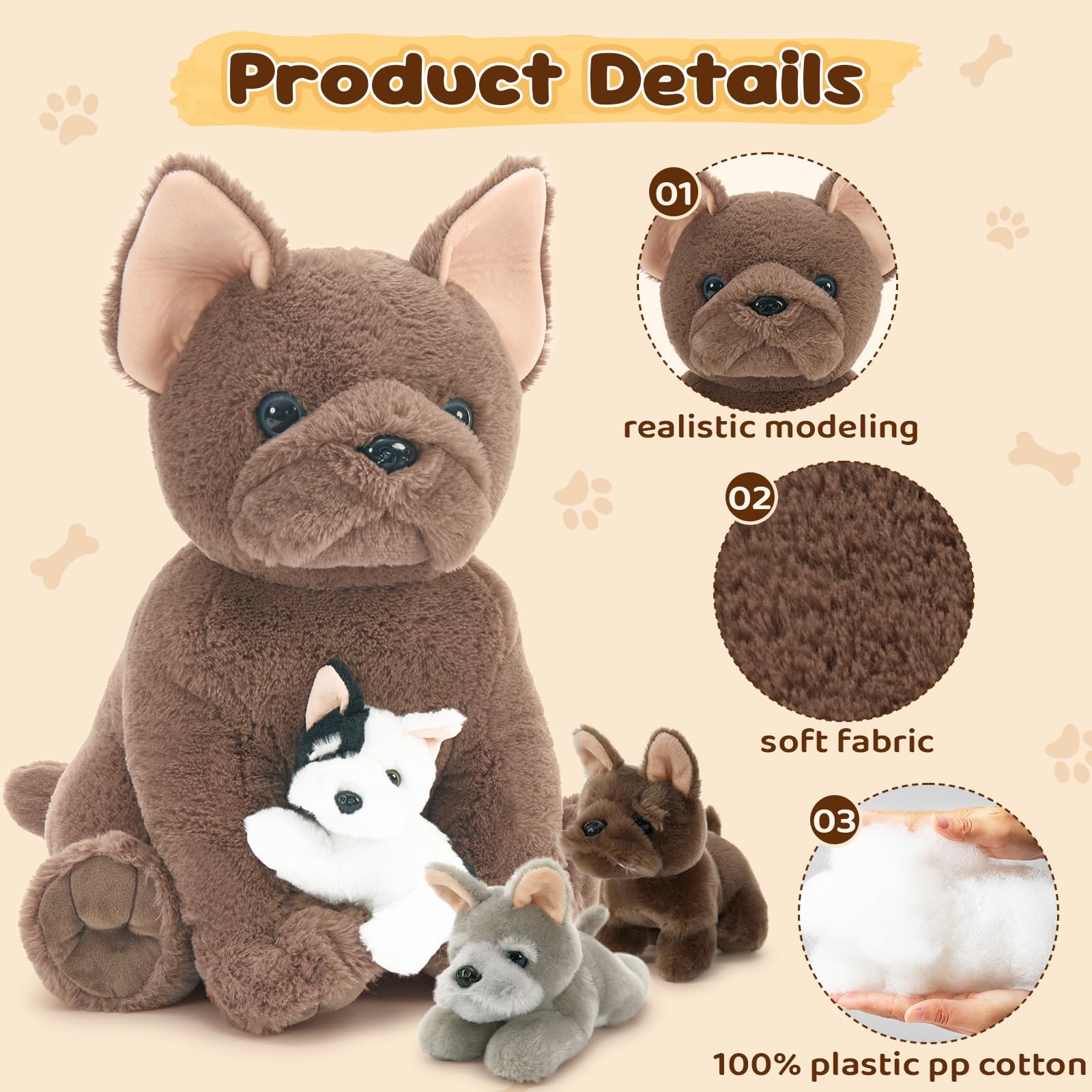 Foto 4 pulgar | Animal De Peluche Tezituor French Dog Con 3 Bebés De 45 Cm - Venta Internacional.