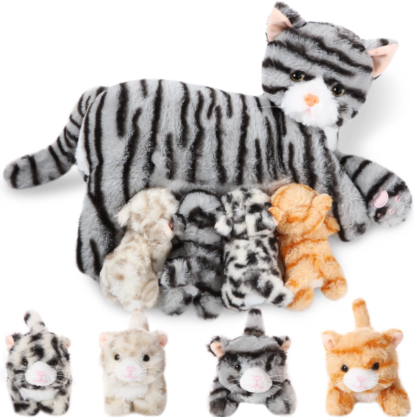 Peluche Skylety, Gato Cariñoso Con 4 Gatitos De Peluche De 40 Cm - Venta Internacional.