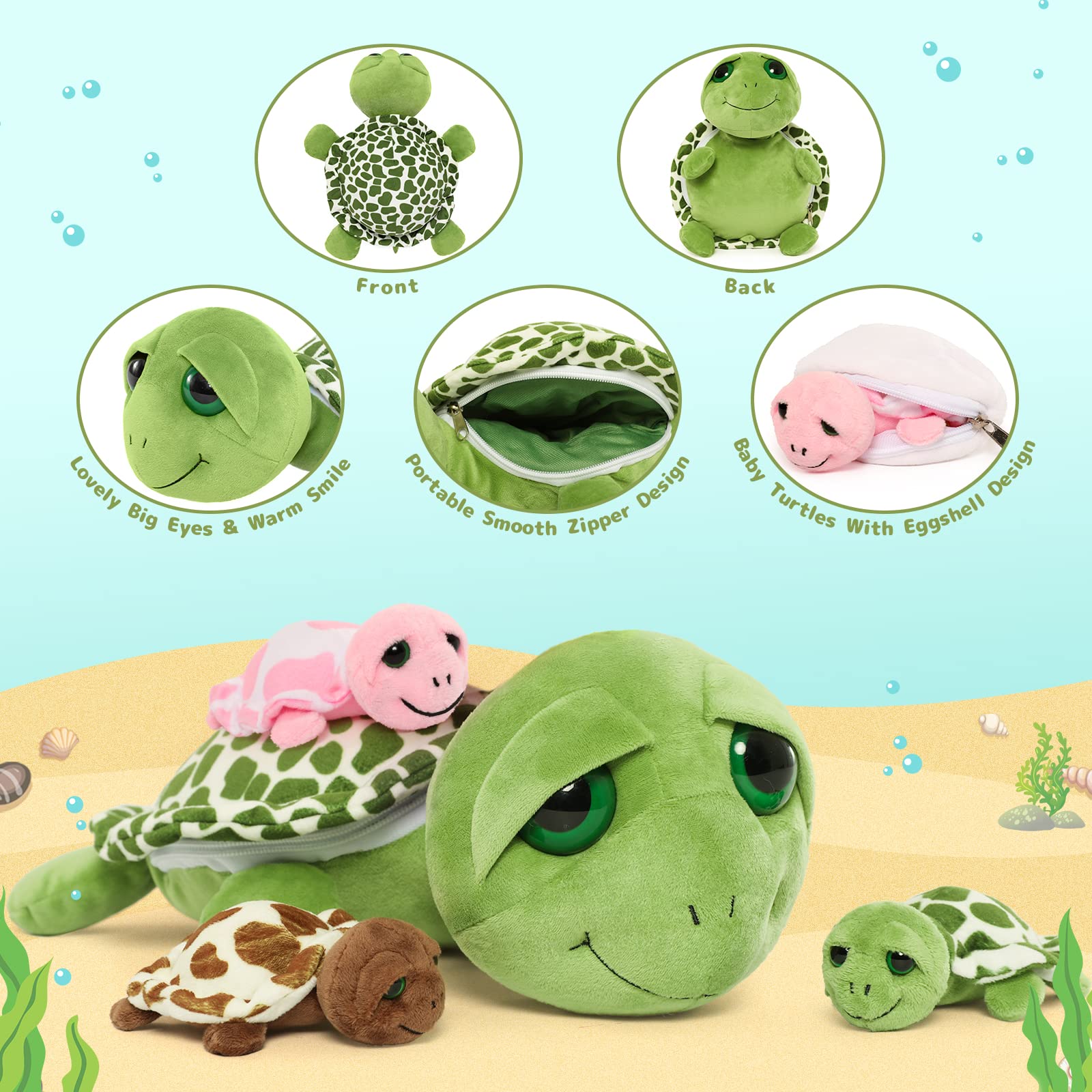 Foto 5 pulgar | Peluche Morismos Sea Turtle De 35 Cm Con 3 Tortugas Bebés - Venta Internacional.