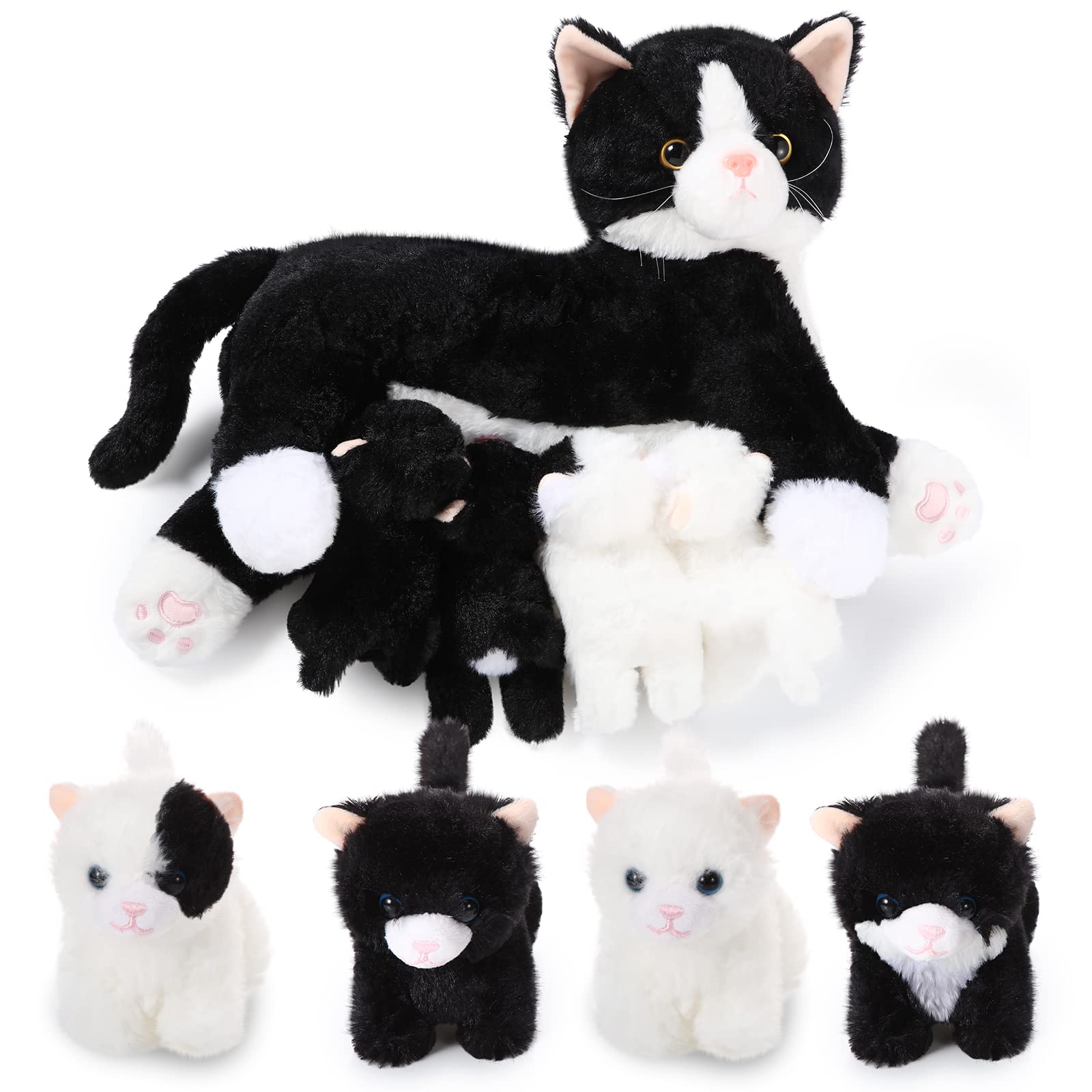 Peluche Skylety, Gato Cariñoso Con 4 Gatitos De Peluche De 40 Cm - Venta Internacional.
