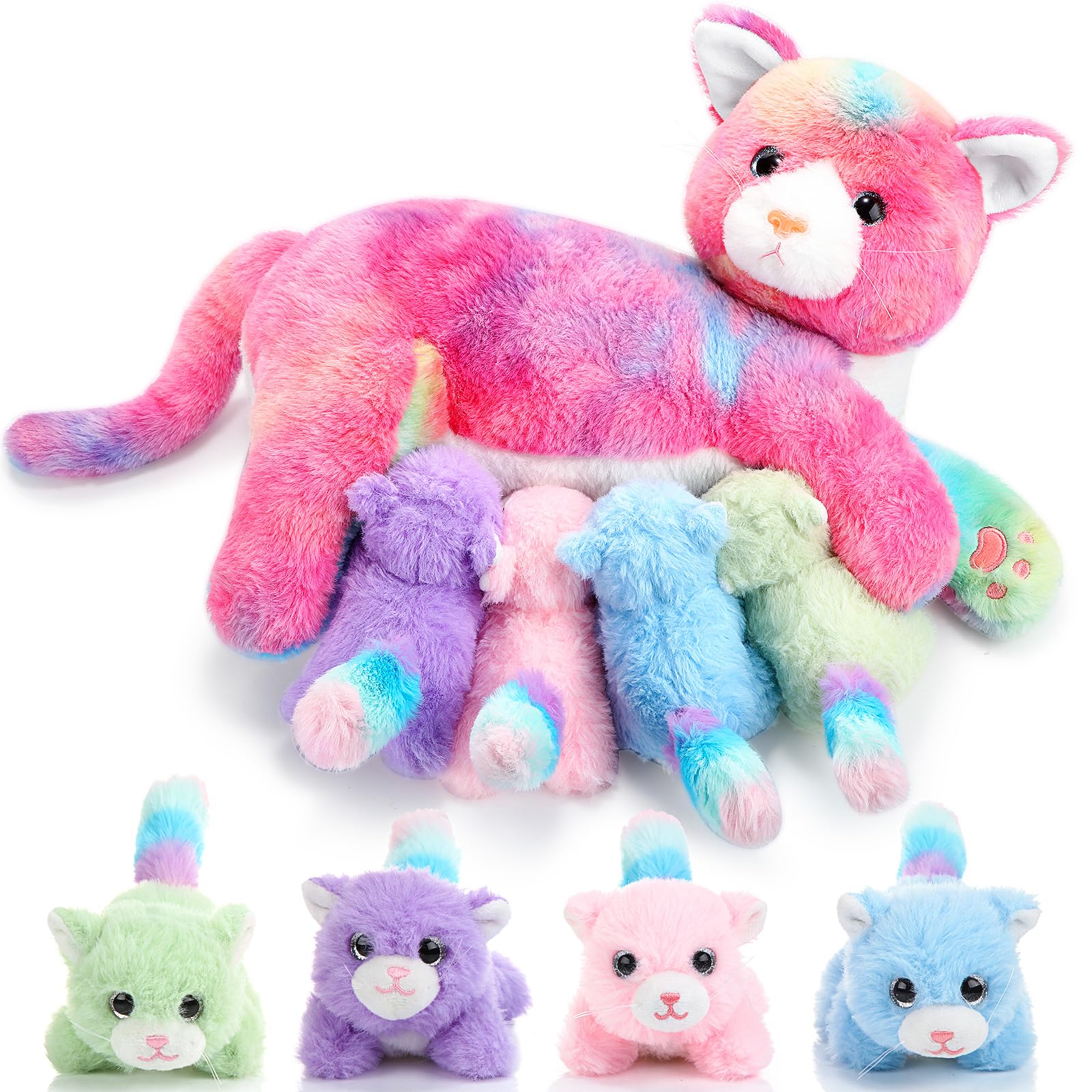 Peluche Skylety, Gato Cariñoso Con 4 Gatitos De Peluche De 40 Cm - Venta Internacional.