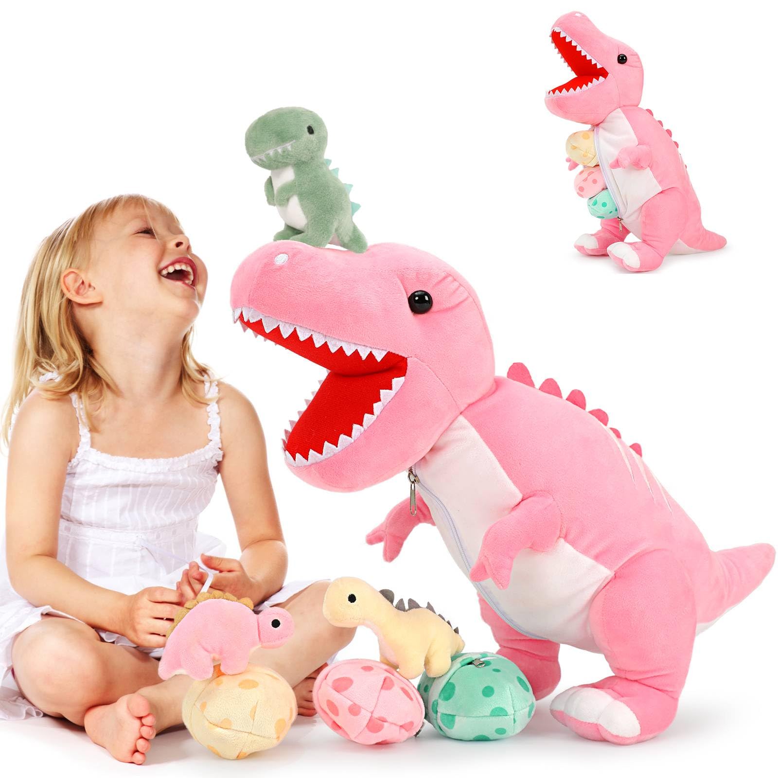 Animal De Peluche Morismos Dinosaurio Con Bebés, 60 Cm, T-rex Rosa - Venta Internacional.
