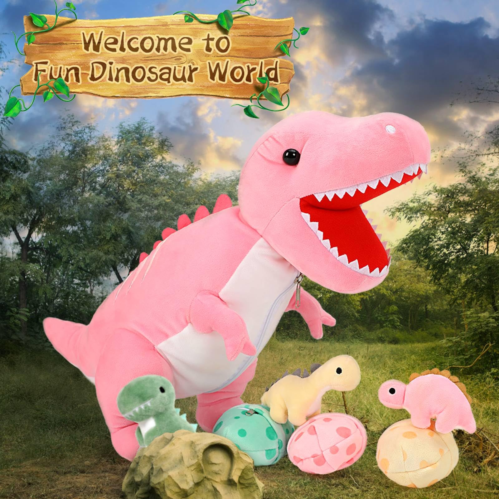 Foto 2 | Animal De Peluche Morismos Dinosaurio Con Bebés, 60 Cm, T-rex Rosa - Venta Internacional.