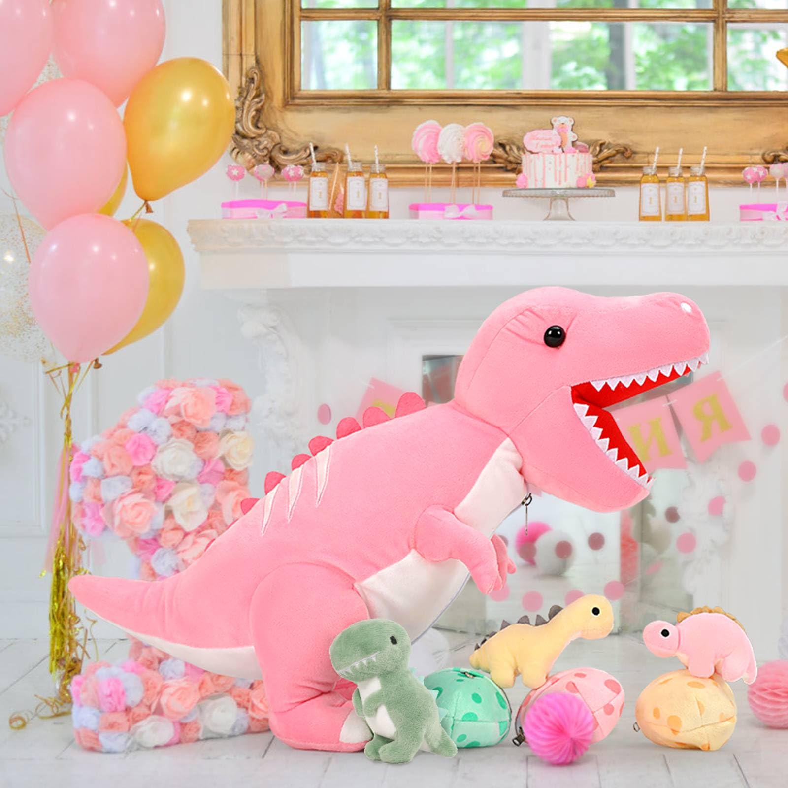Foto 3 | Animal De Peluche Morismos Dinosaurio Con Bebés, 60 Cm, T-rex Rosa - Venta Internacional.