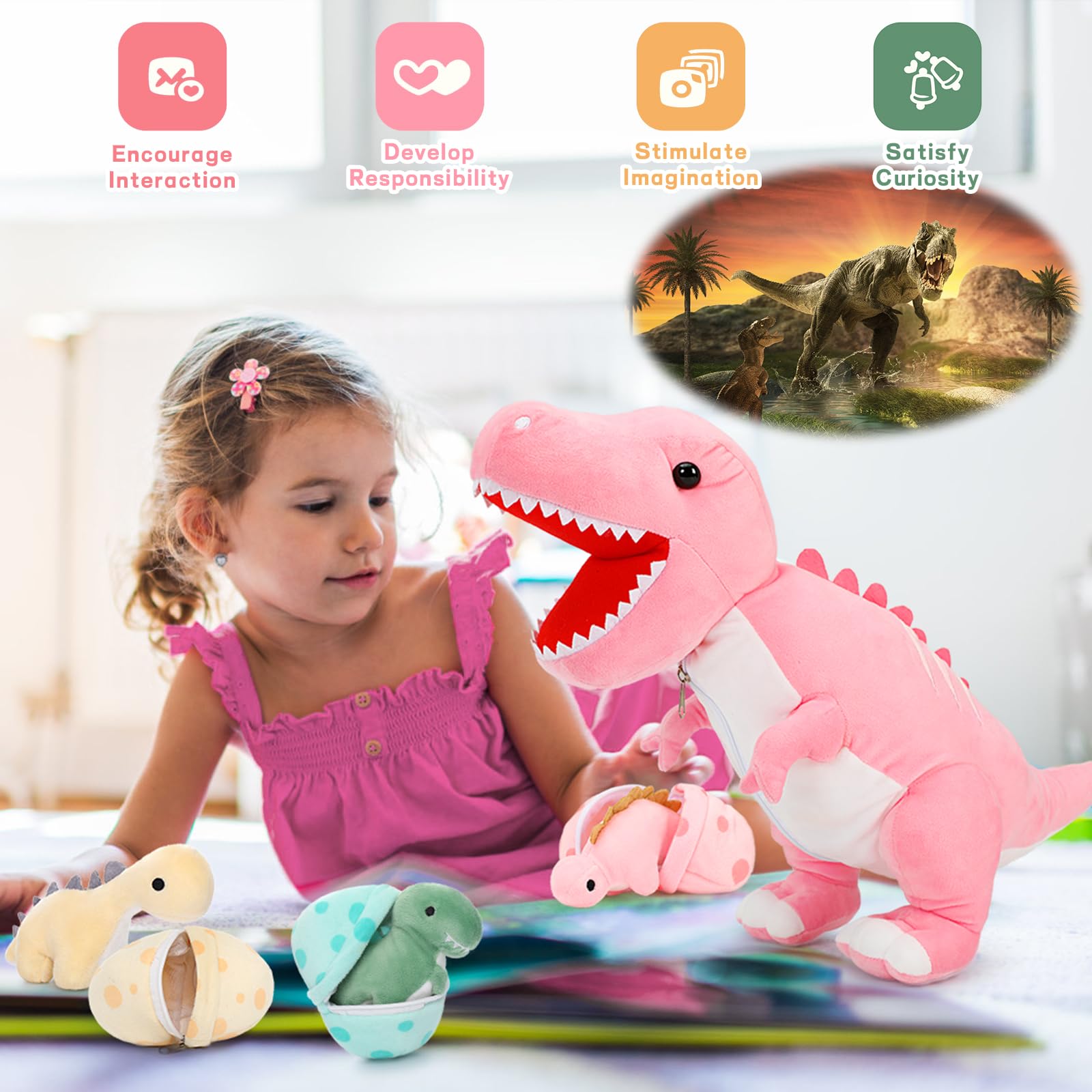 Foto 5 pulgar | Animal De Peluche Morismos Dinosaurio Con Bebés, 60 Cm, T-rex Rosa - Venta Internacional.