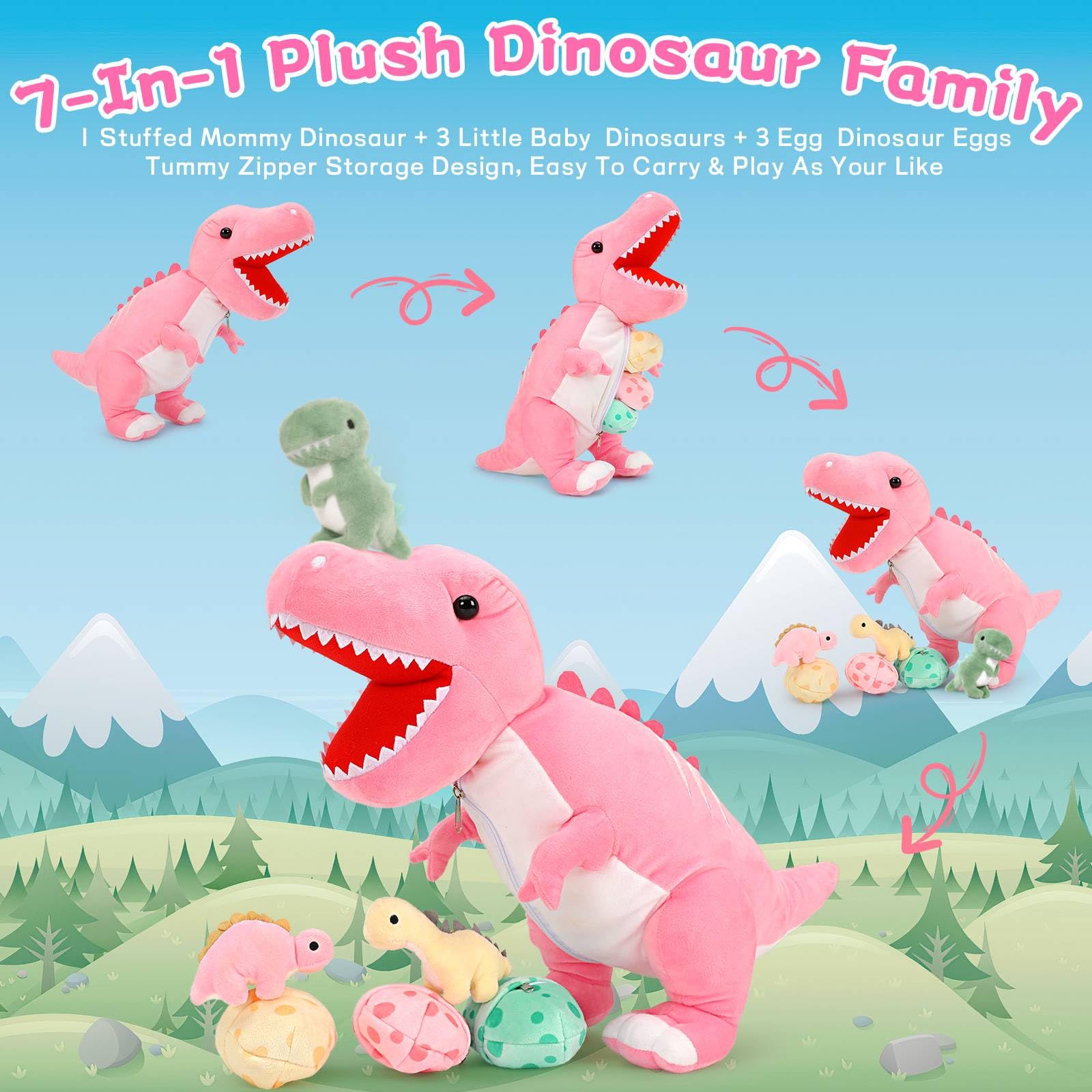 Foto 6 pulgar | Animal De Peluche Morismos Dinosaurio Con Bebés, 60 Cm, T-rex Rosa - Venta Internacional.