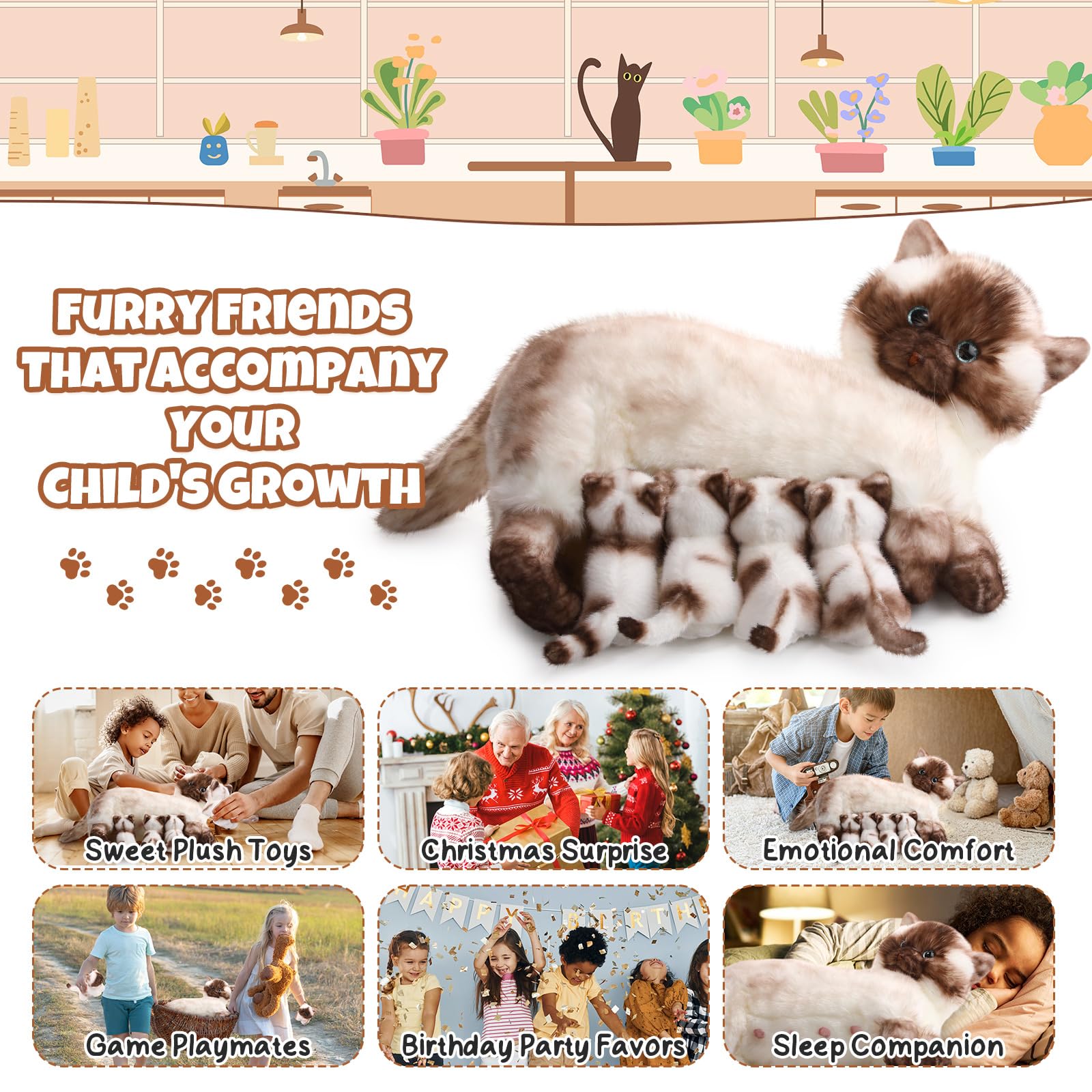 Foto 7 pulgar | Animal De Peluche Skylety, Gato Siamés Cariñoso Con 4 Gatitos, 40 Cm - Venta Internacional.
