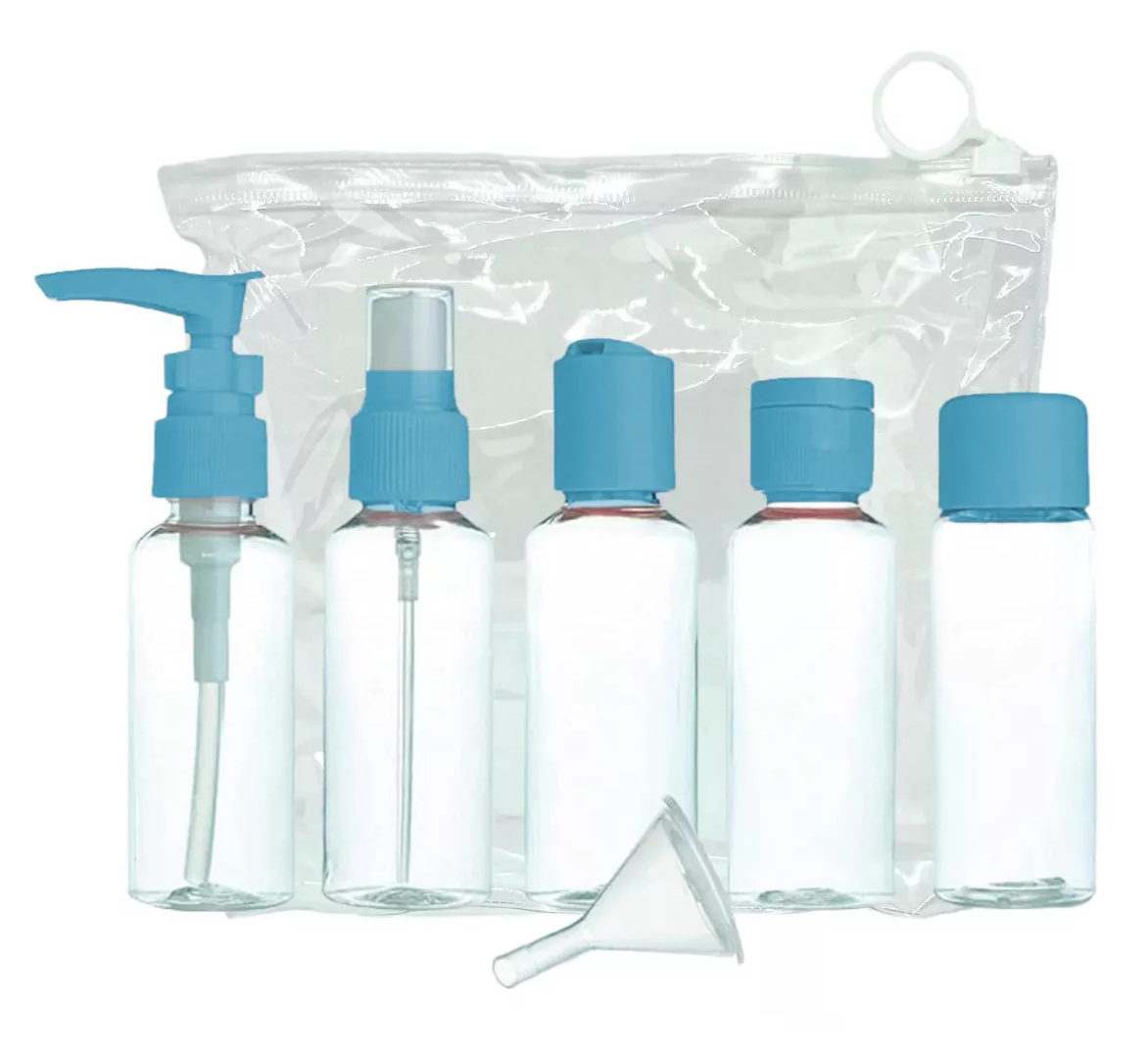 Kit De Viaje Botellas Rellenables Frascos Bolsillo Estuche Azul