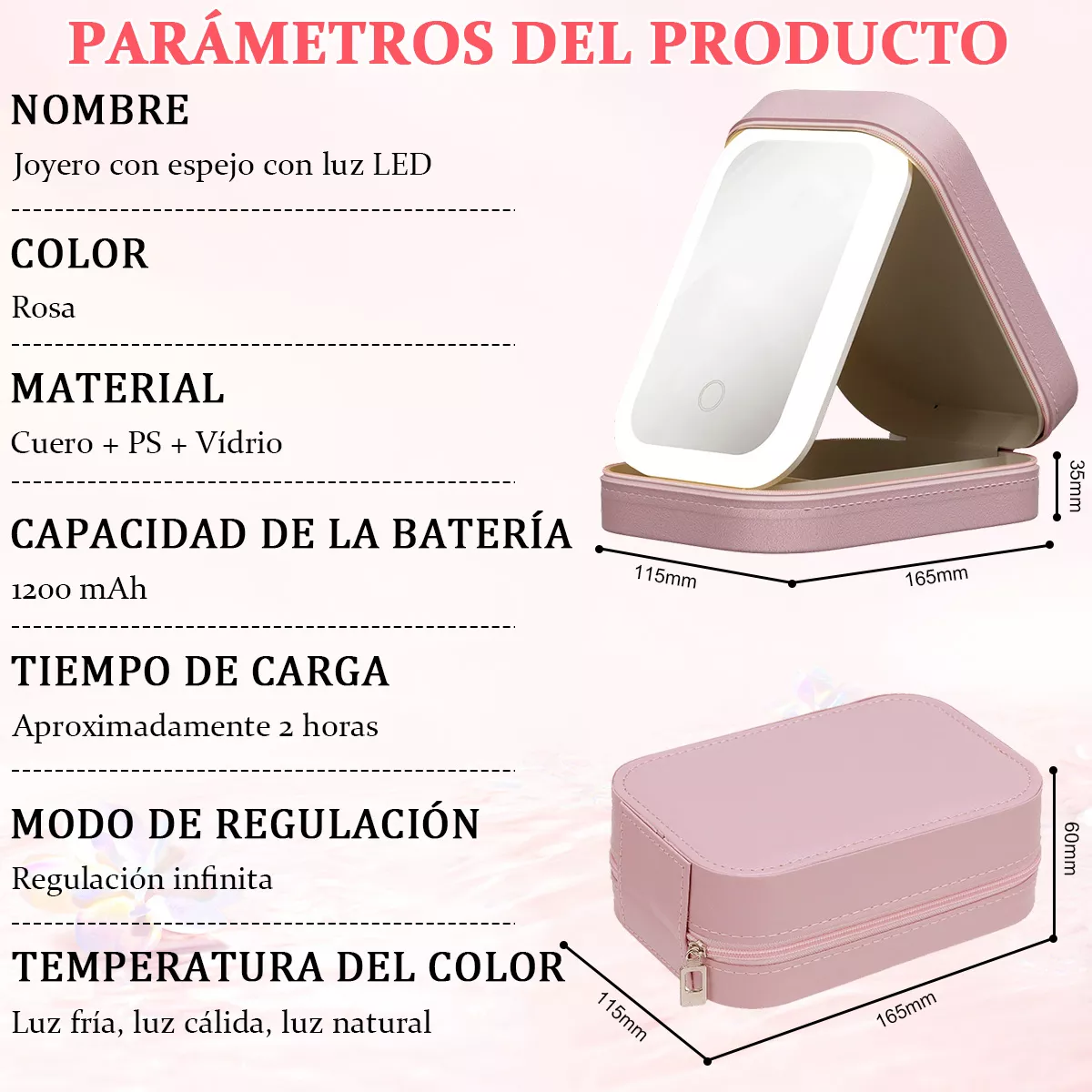 Foto 4 pulgar | Espejo Con Luz Led Estuche De Maquillaje De Viaje Recargable Eo Safe Imports Esi-15560 Rosa