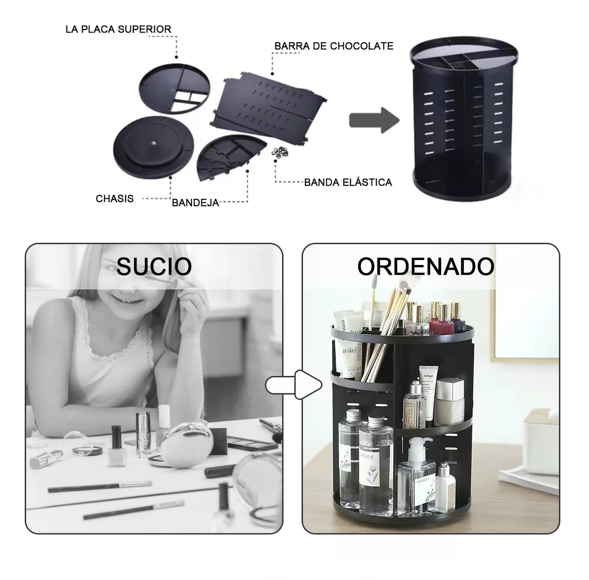 Foto 5 pulgar | Organizador de Maquillaje Acrilico Almacenamiento Rotación 360° Negro