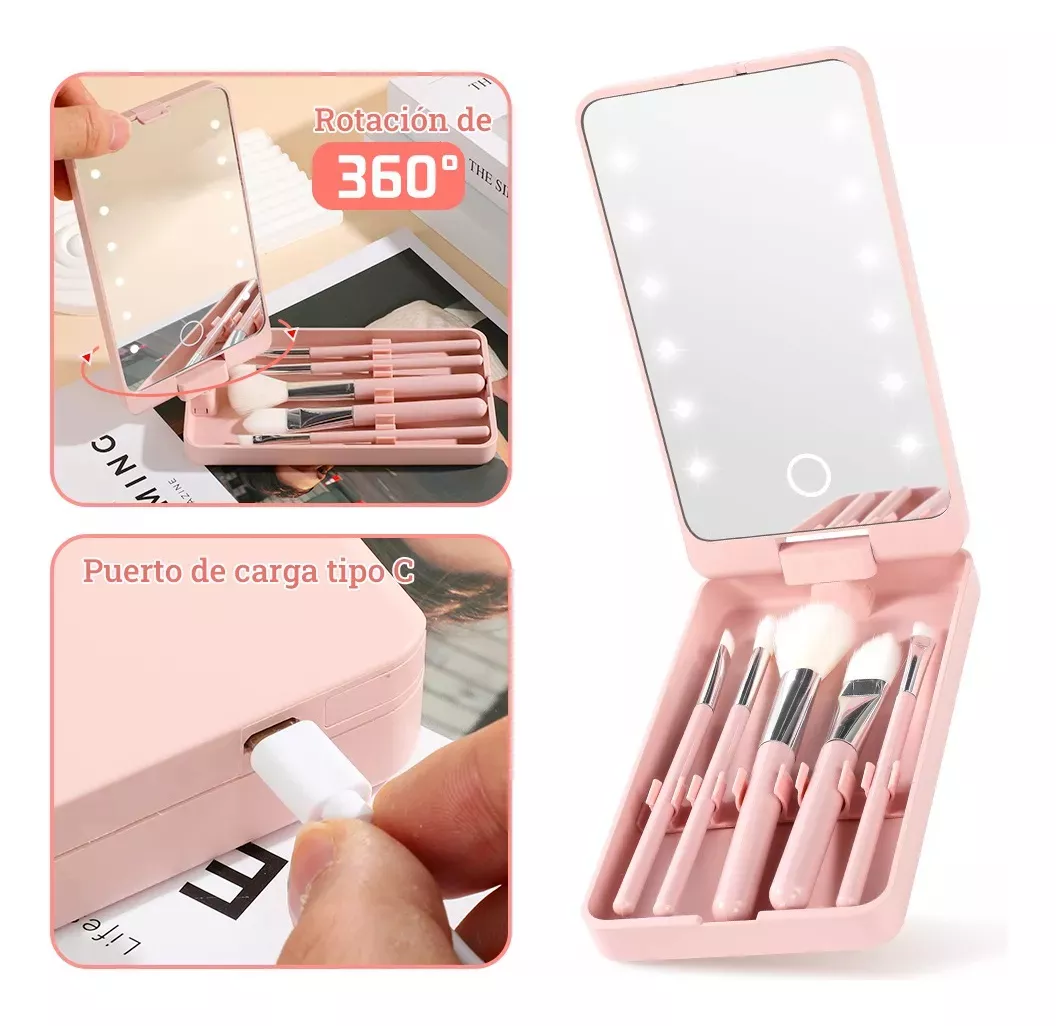 Foto 4 pulgar | Espejo Maquillaje Led Rotación De 360°incluye Brochas  Eo Safe Imports Esi-18598 Rosa