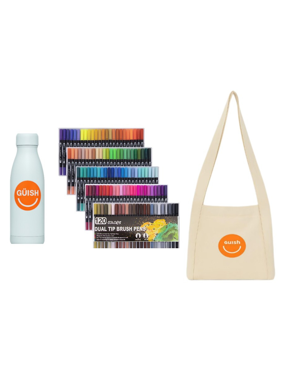 Foto 2 pulgar | Kit Plumones Doble Punta 120 + Tote Güish + Termo Güish Blanco De Regalo