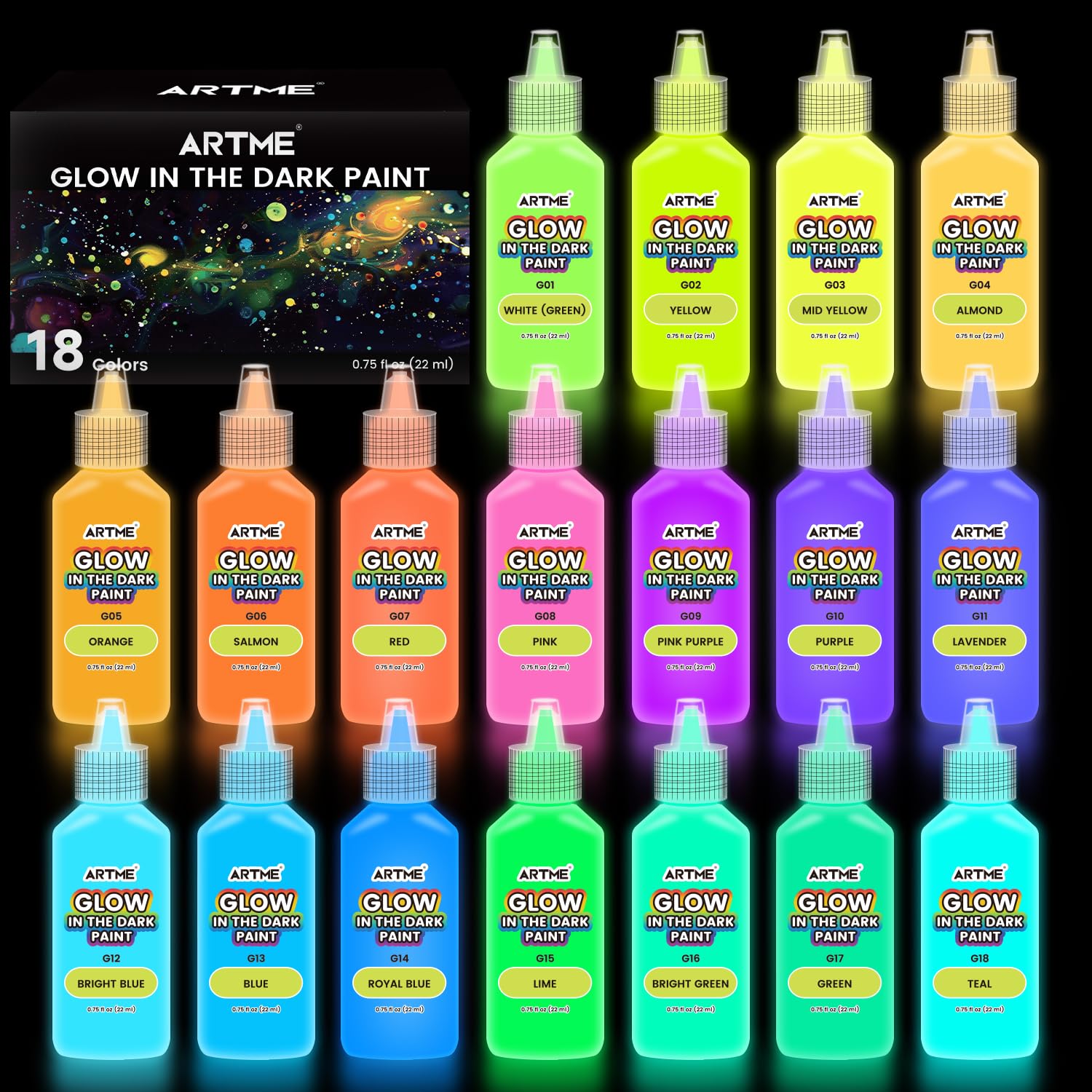 Foto 1 | Pintura Artme Que Brilla En La Oscuridad  18 Colores Brillantes  22 Ml  Luz Negra - Venta Internacional.