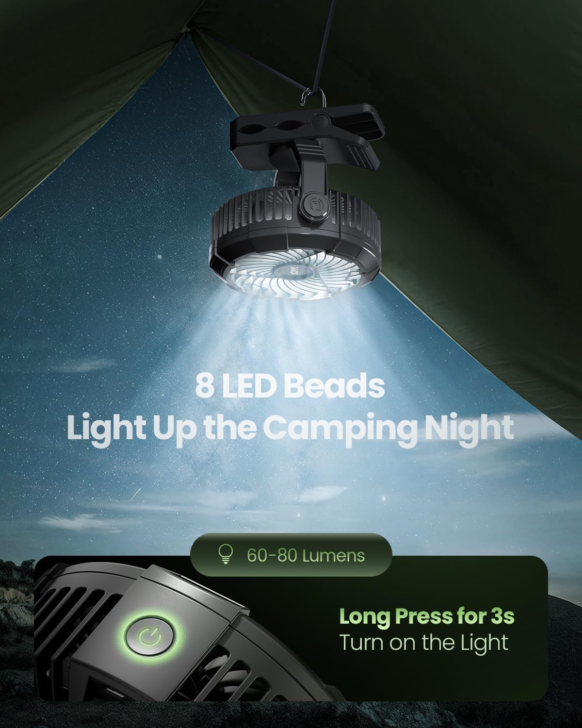 Foto 5 pulgar | Ventilador Portátil para Acampar Gaiatop con Linterna Led y Gancho - Venta Internacional