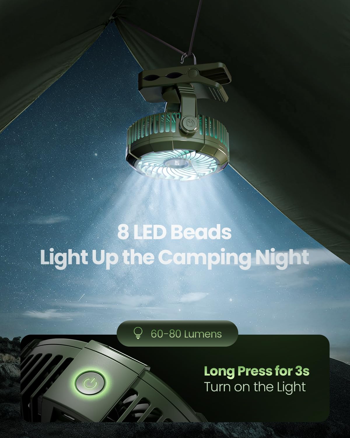 Foto 5 pulgar | Ventilador de Camping Gaiatop 4000 mAh con Luz Recargable y 3 Velocidades