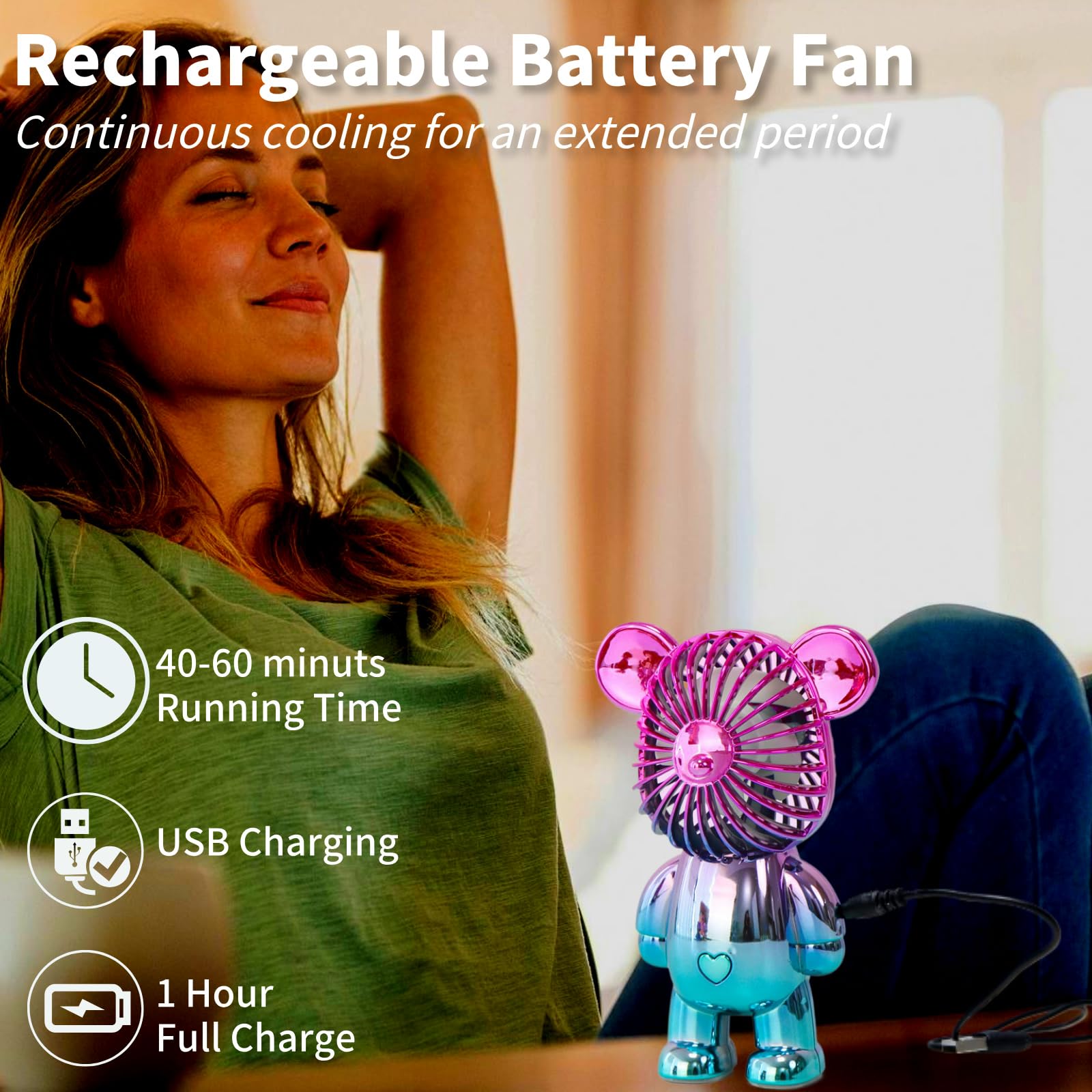 Foto 2 | Miniventilador Portátil Generic Bear, Portátil, Recargable Por Usb, Rosa - Venta Internacional.