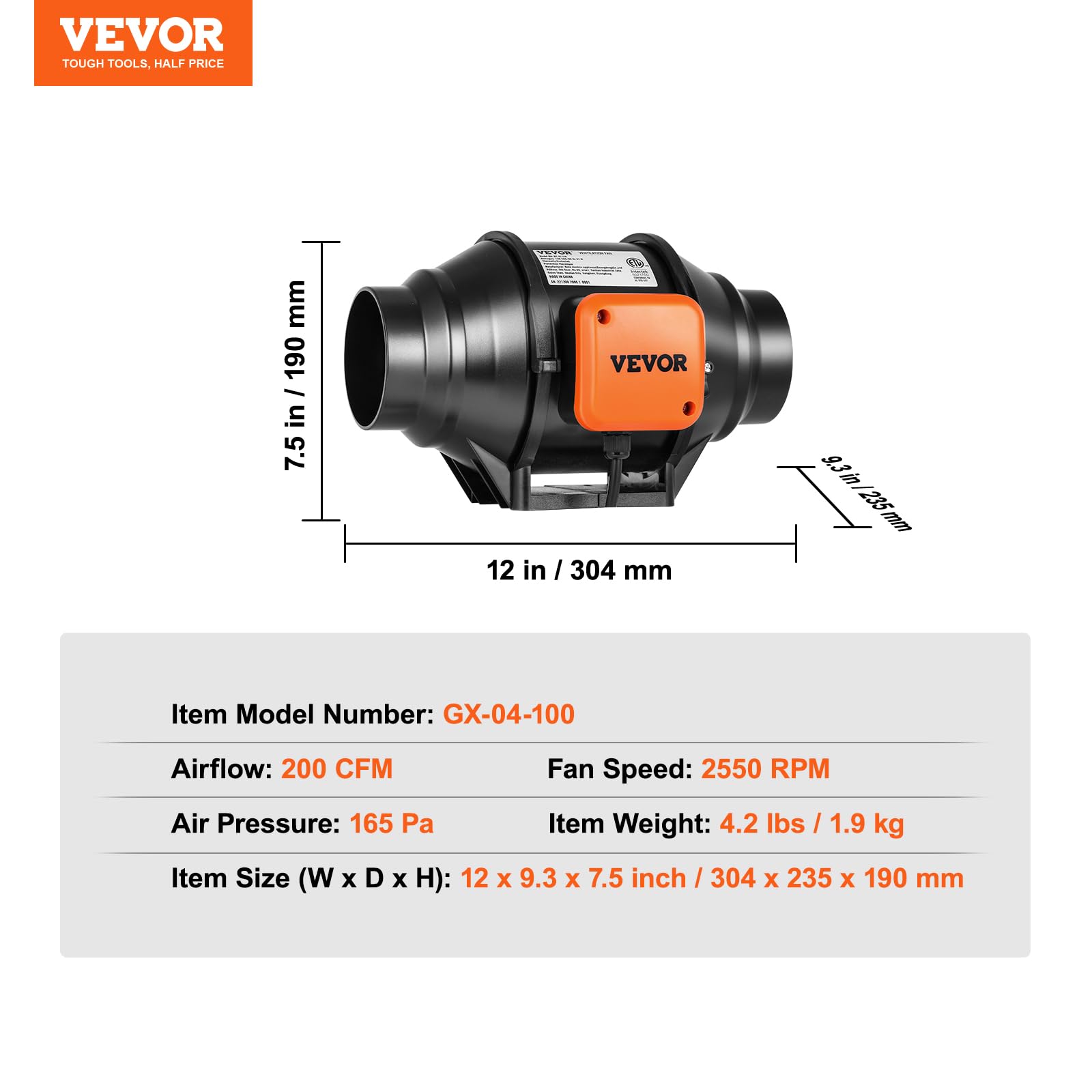 Foto 8 pulgar | Ventilador De Conducto En Línea Vevor De 4 Pulgadas Y 200 M³/h Con Controlador De Velocidad - Venta Internacional.