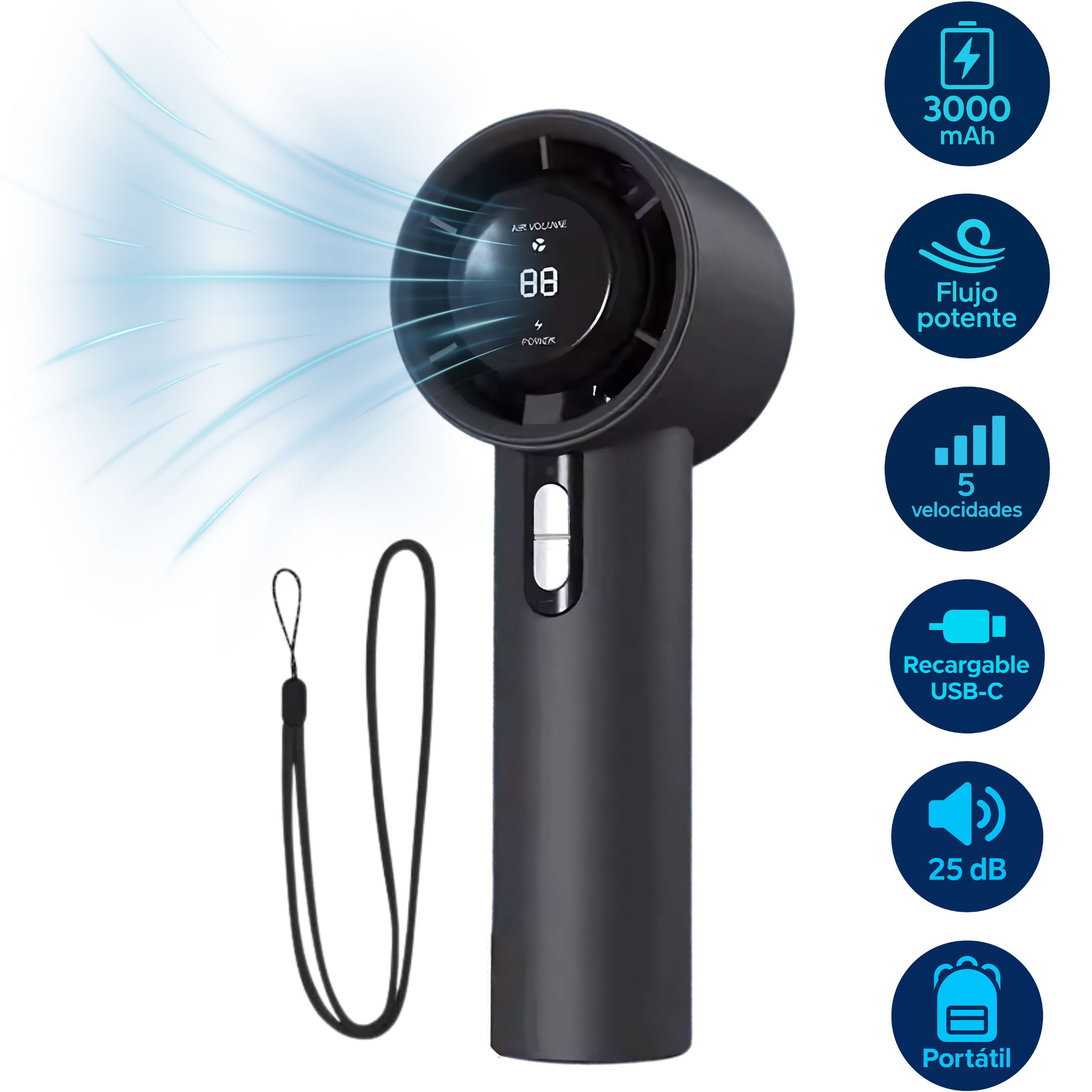 Foto 2 pulgar | Ventilador Portátil Silencioso 25dB 5 Velocidades Recargable USB-C 3000mAh