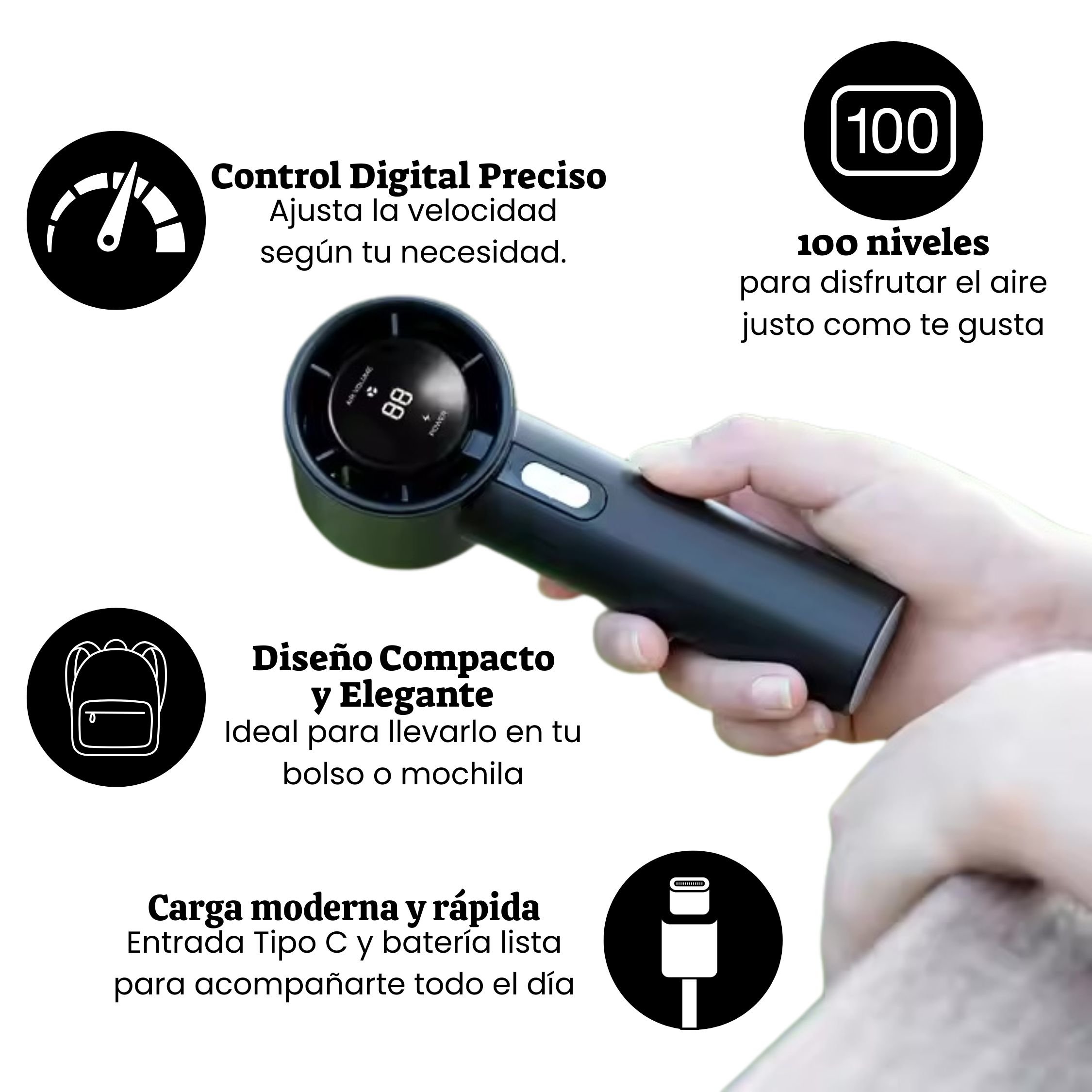 Foto 3 pulgar | Ventilador Portátil Silencioso 25dB 5 Velocidades Recargable USB-C 3000mAh