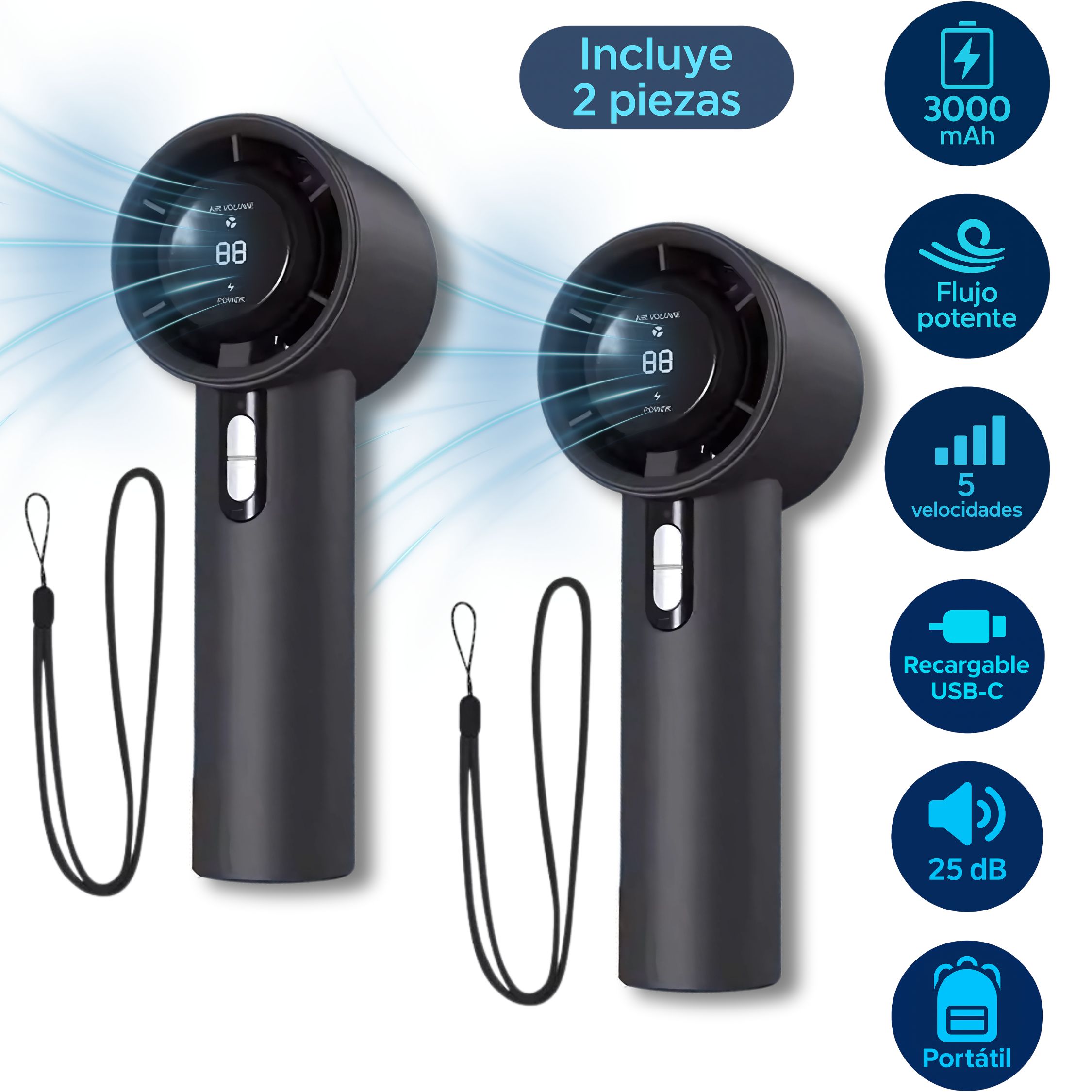2 Ventiladores Portátiles Recargables 5 Velocidades Ultra Silenciosos 3000mah Usb-c – Compactos Y Ligeros
