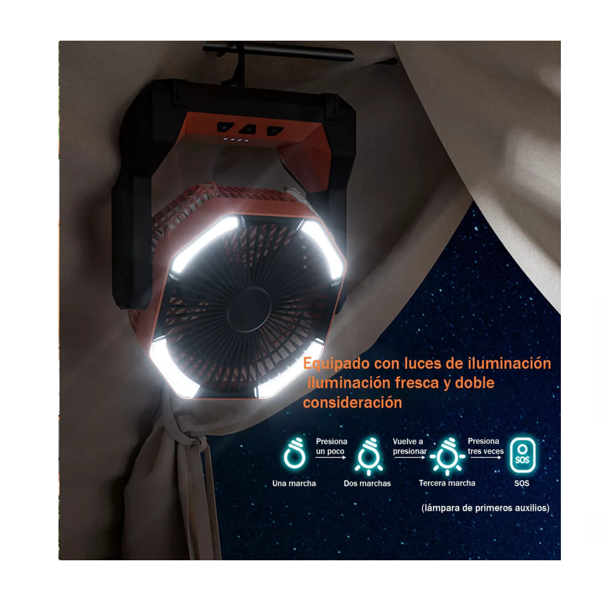Foto 4 | Ventilador de Camping Belug Naranja Portátil y Recargable con Luz Led