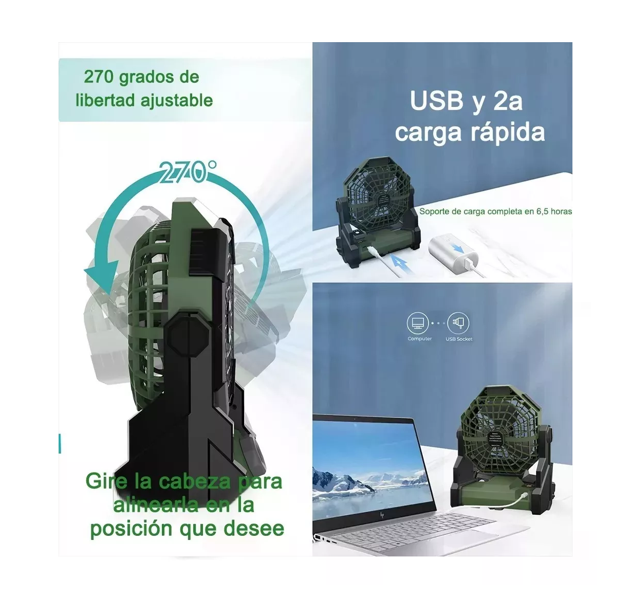 Foto 2 | Ventilador Portátil de Camping Belug Recargable Verde con Luz Led 7800 mAh