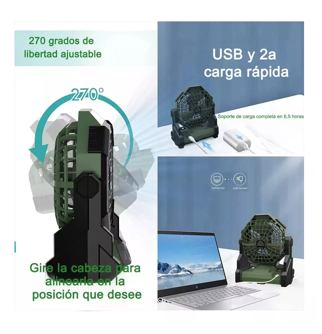 Foto 2 | Ventilador Portátil De Camping Recargable Con Luz Led 7800mah Verde