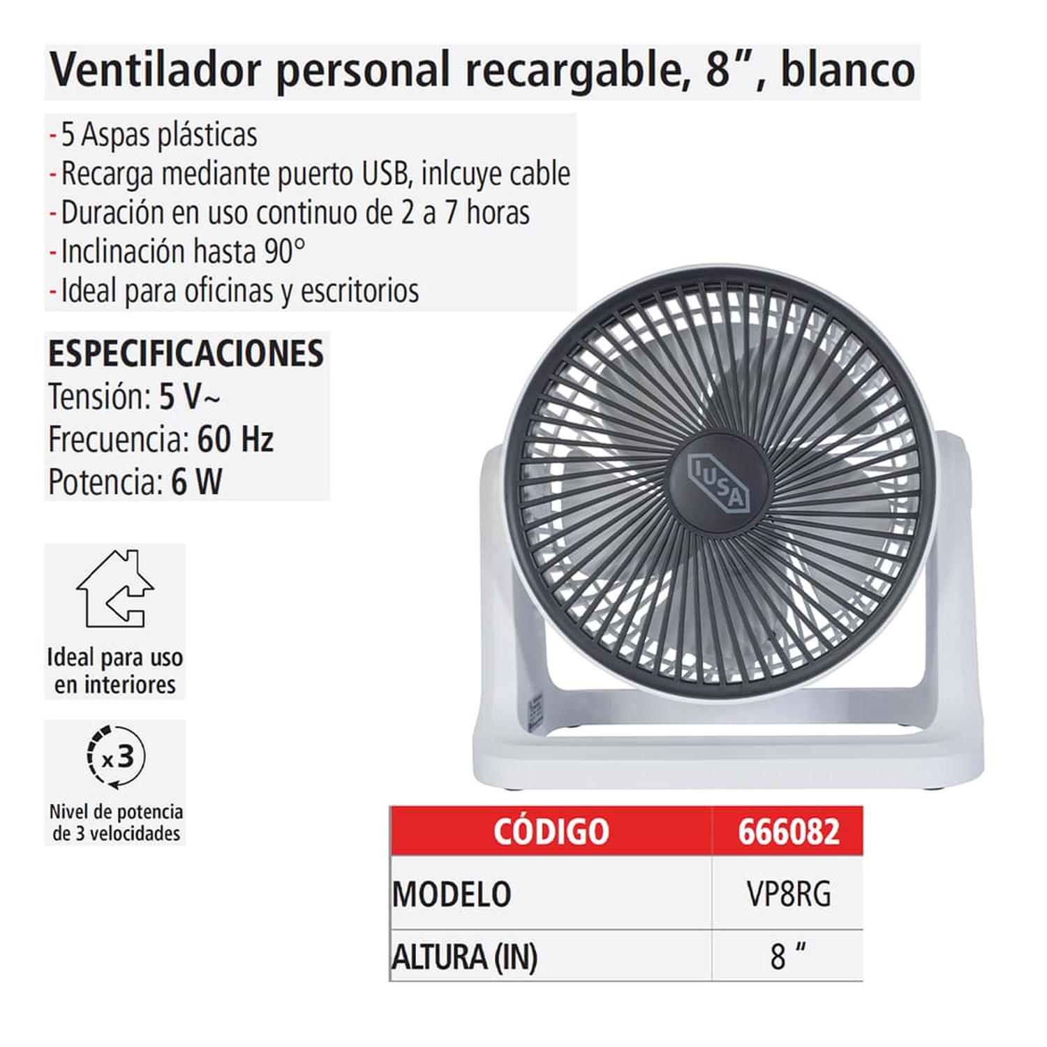 Foto 6 pulgar | Ventilador Recargable 8'' Iusa 3 Velocidades Blanco