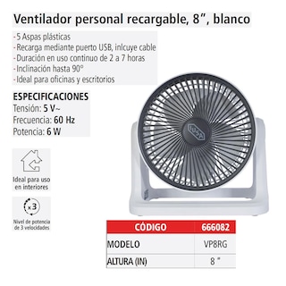 Foto 5 | Ventilador Recargable 8'' Iusa 3 Velocidades Blanco