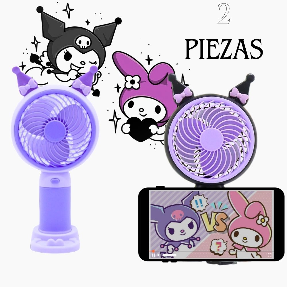 Foto 2 pulgar | 2 Ventiladores Portátiles Pequeños De Diseños Animados Con Soporte Para Teléfono Morado Negro