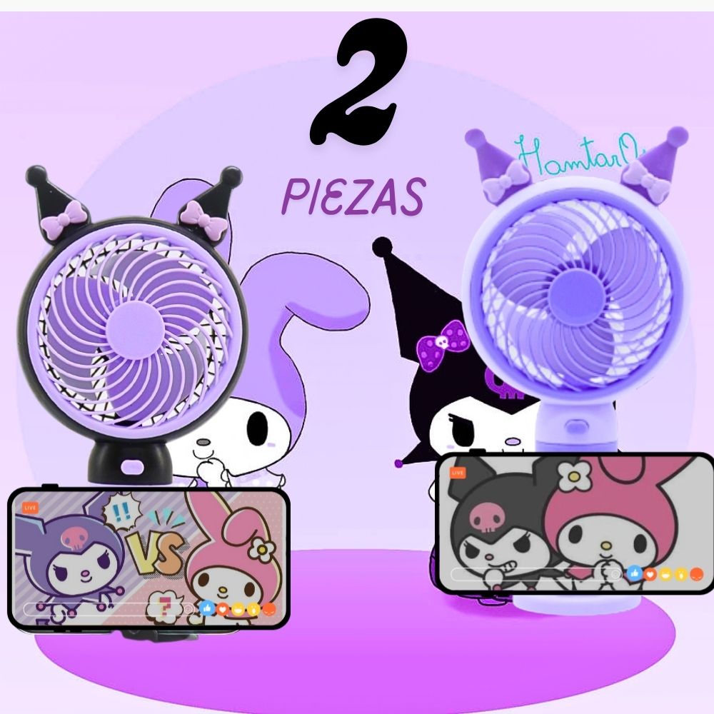 Foto 3 pulgar | 2 Ventiladores Portátiles Pequeños De Diseños Animados Con Soporte Para Teléfono Morado Negro