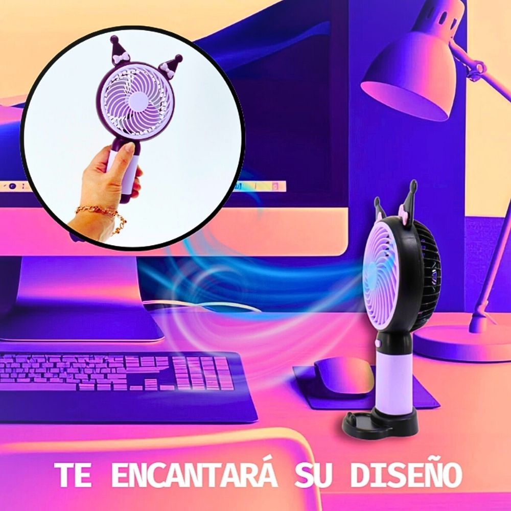 Foto 5 pulgar | 2 Ventiladores Portátiles Pequeños De Diseños Animados Con Soporte Para Teléfono Morado Negro