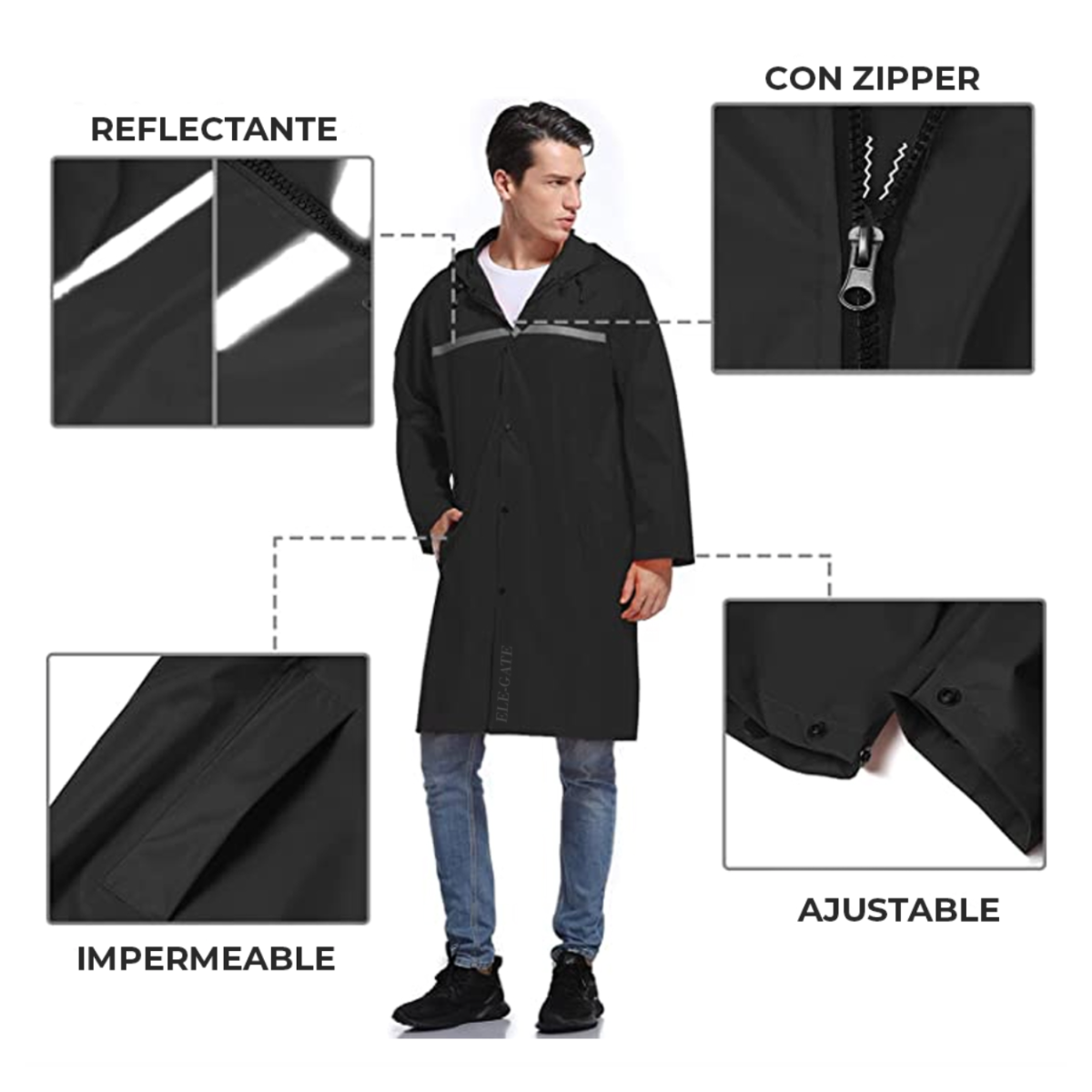 Foto 4 pulgar | Impermeable Unisex Con Capucha Y Tira Reflejante Color Negro
