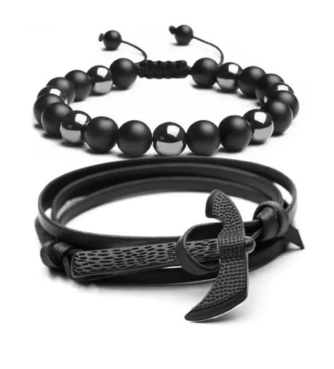 Brazalete de Cuentas Obsidiana Y Pulsera Hombre Hacha 2 Piezas