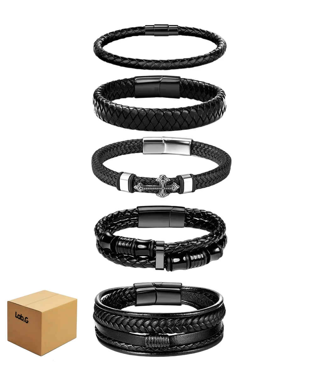 5 Piezas Pulsera Para Hombre Lab.g De Cuero Con Hebilla Magnética Negro