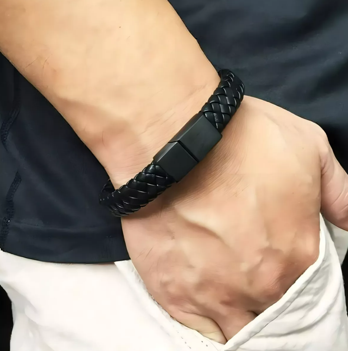 Foto 5 pulgar | Pulsera Cuero Trenzado Cierre Magnetico Iman Negra Xtellar